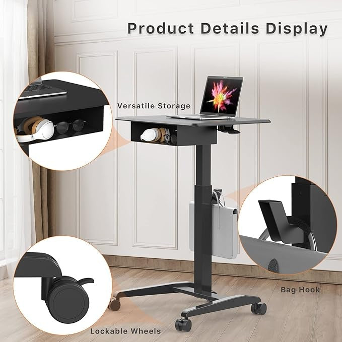 Height Adjustable Rolling Laptop Desk With Shelf Standing Table on Wheels