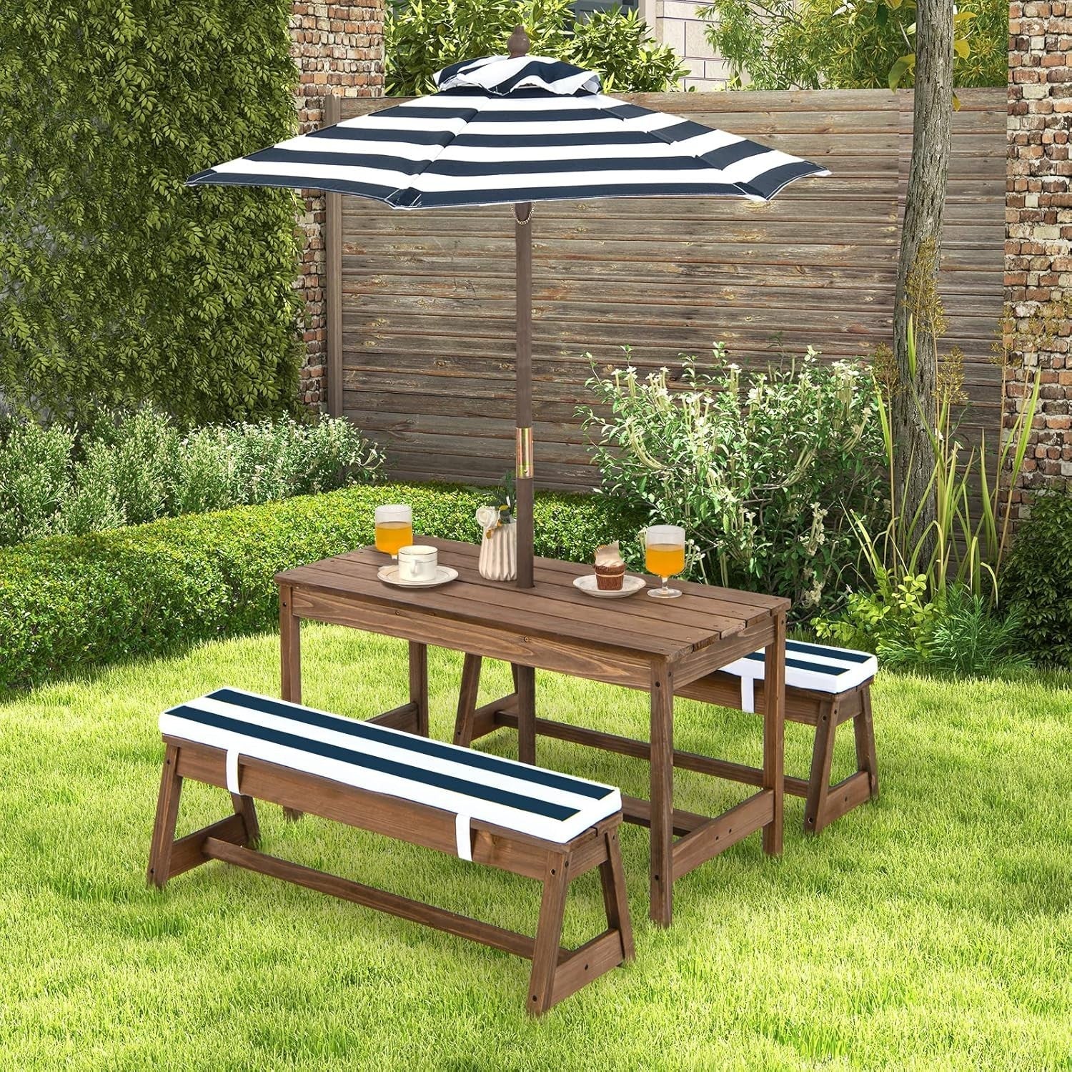 Kids Wooden Picnic Table Set with Cushions & Removable Umbrella, Blue