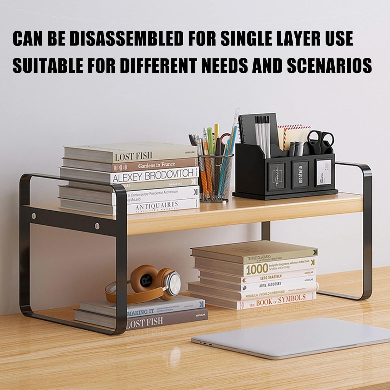 Wood Desk Shelf Organizer – Adjustable 2-Tier Desktop Storage Rack for Office