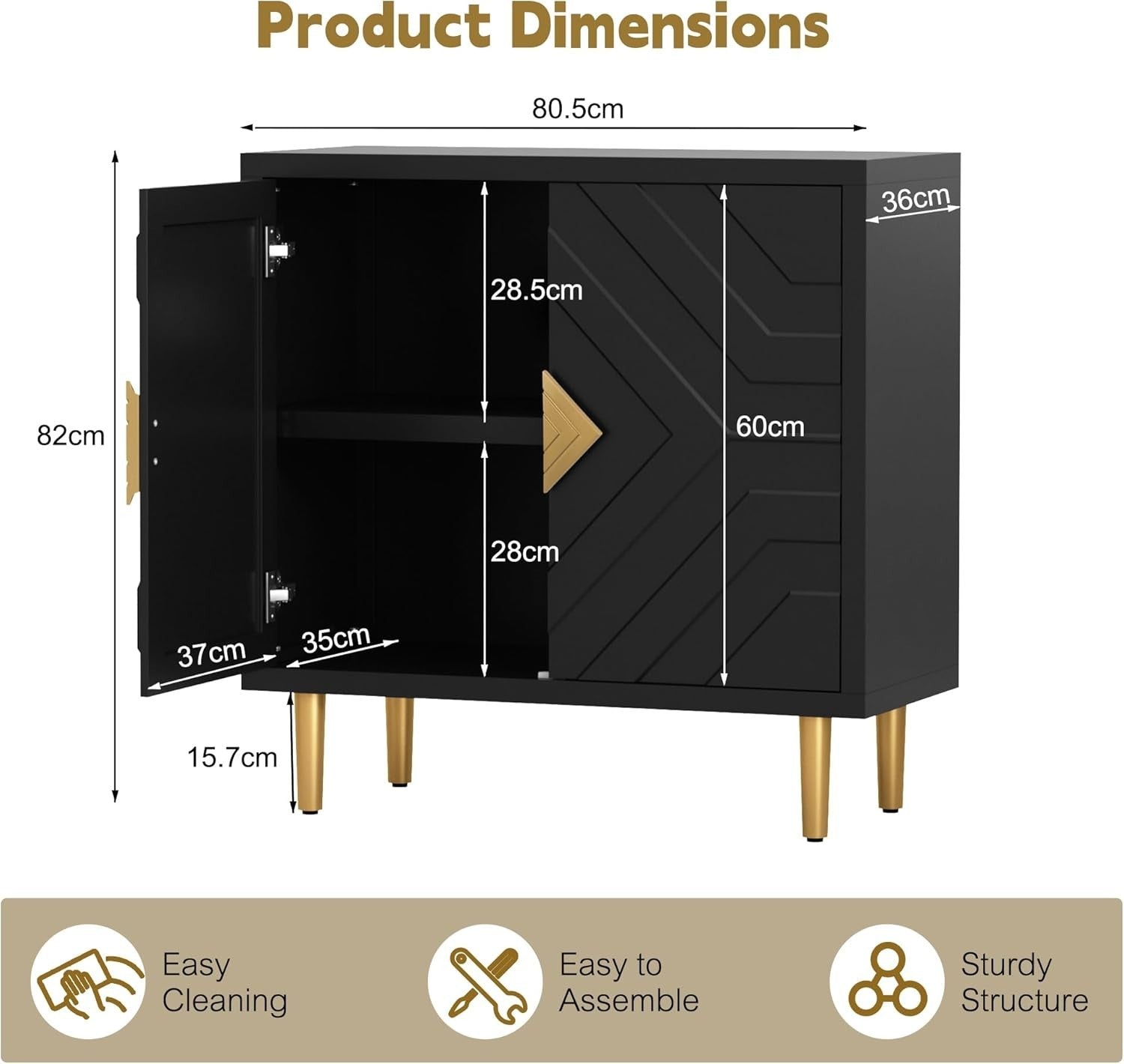 Modern 2-Door 3D Embossed Sideboard Cabinet Storage Unit Black Gold Legs