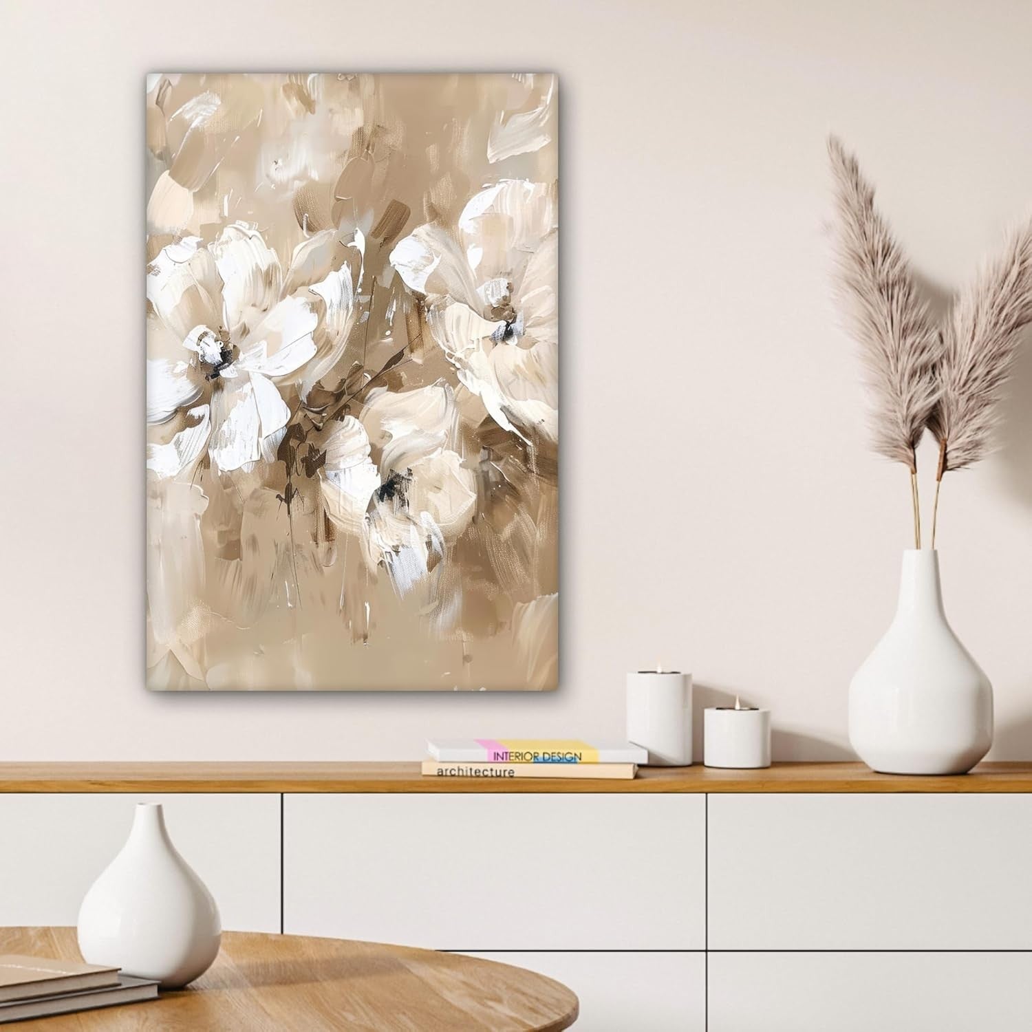 Beige Watercolour Floral Canvas Wall Art 40x60cm Framed
