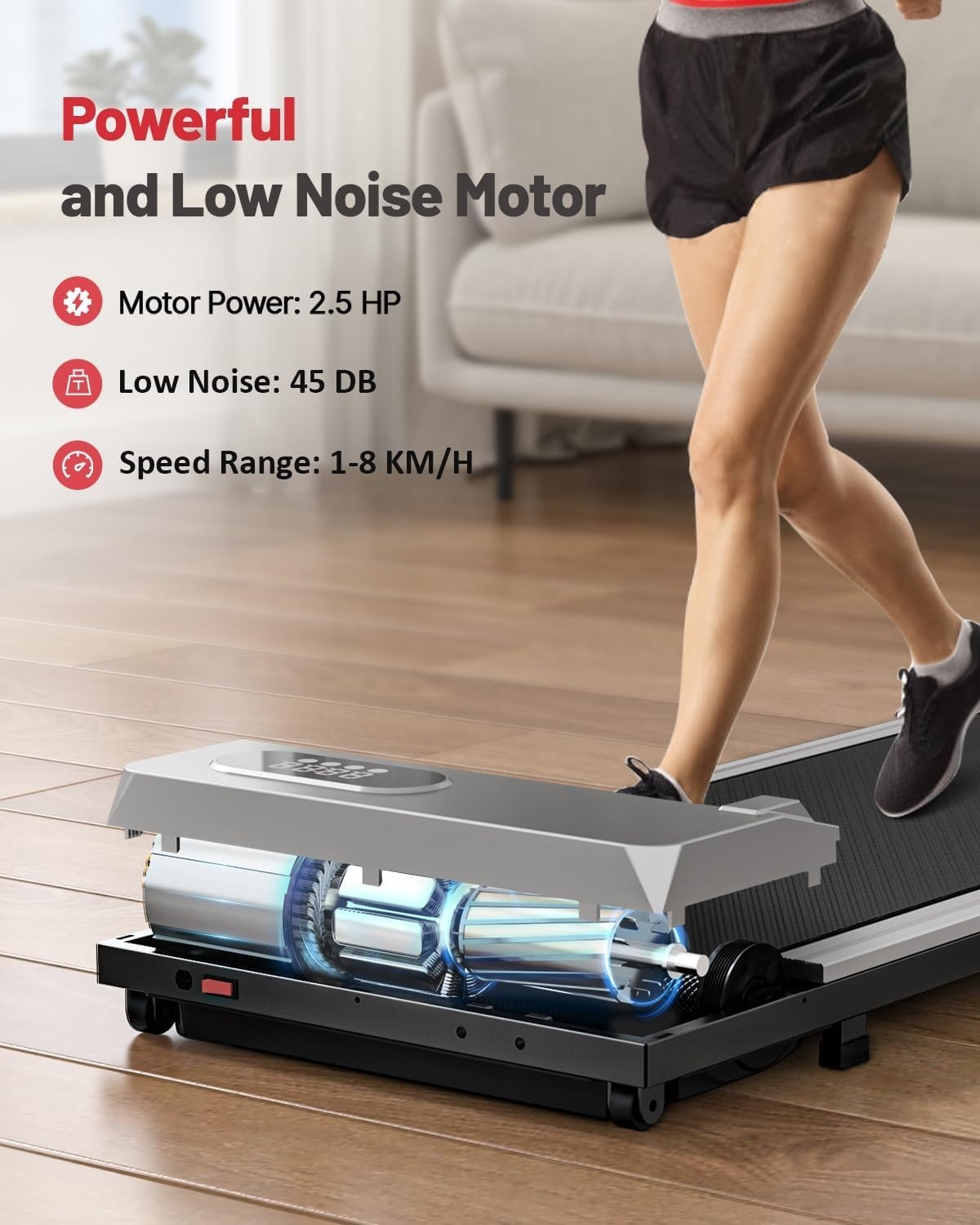 Under Desk Treadmill Walking Pad LED Display Remote 8km/h, Compact Home