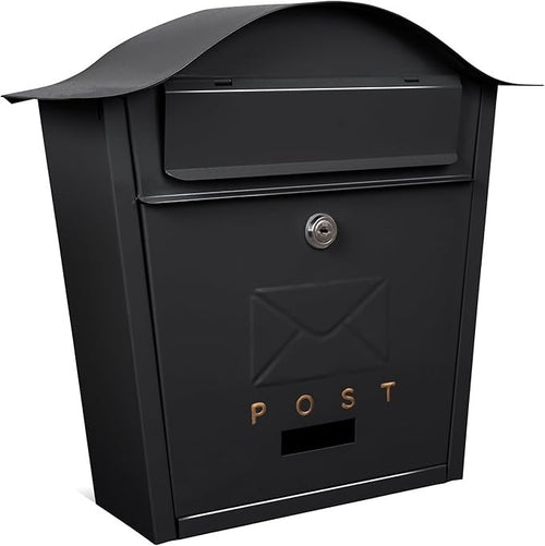 Lockable Wall Mounted Mailbox Black Iron Weatherproof Post Box Large Secure Flap