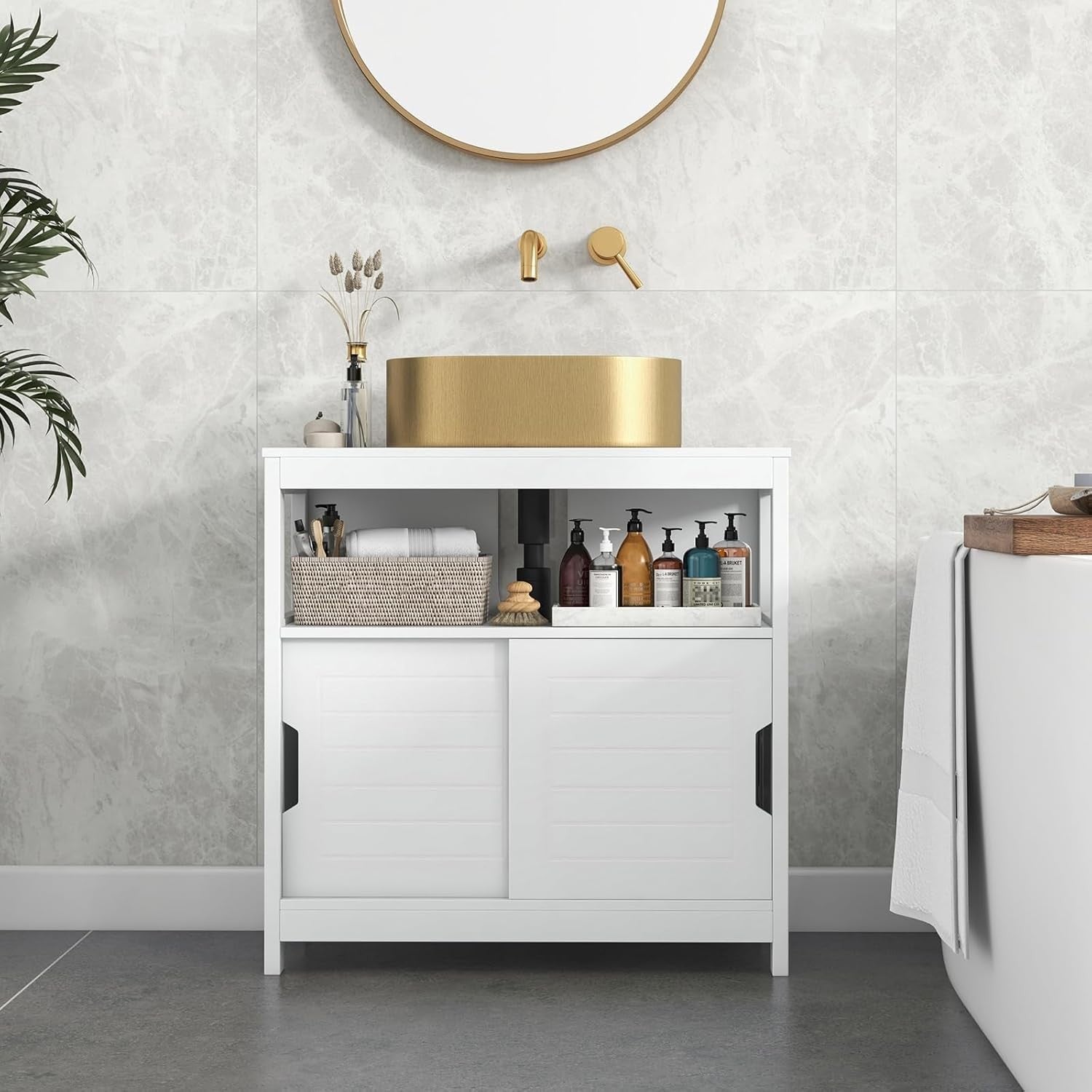 White Under Sink Bathroom Cabinet – Sliding Door Vanity Storage Unit 60x60cm