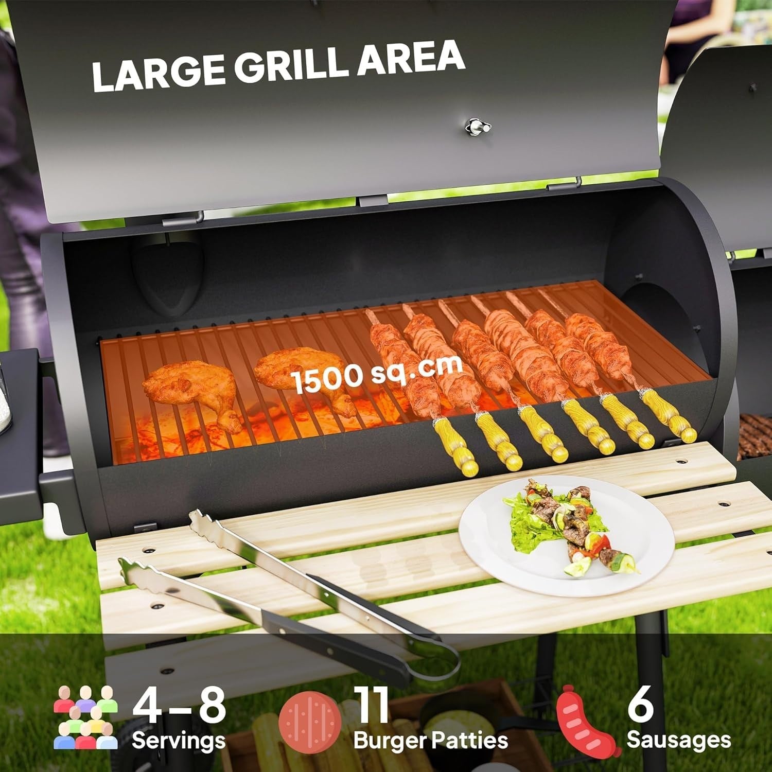 Charcoal BBQ Grill with Offset Smoker | Outdoor Barrel Barbecue with Shelves