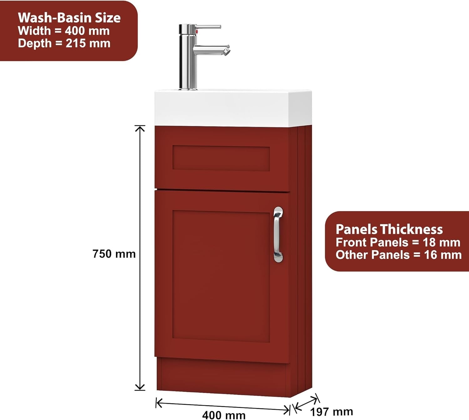 Slim 400mm Bathroom Vanity Unit with Basin Red Floor Standing Sink Cabinet