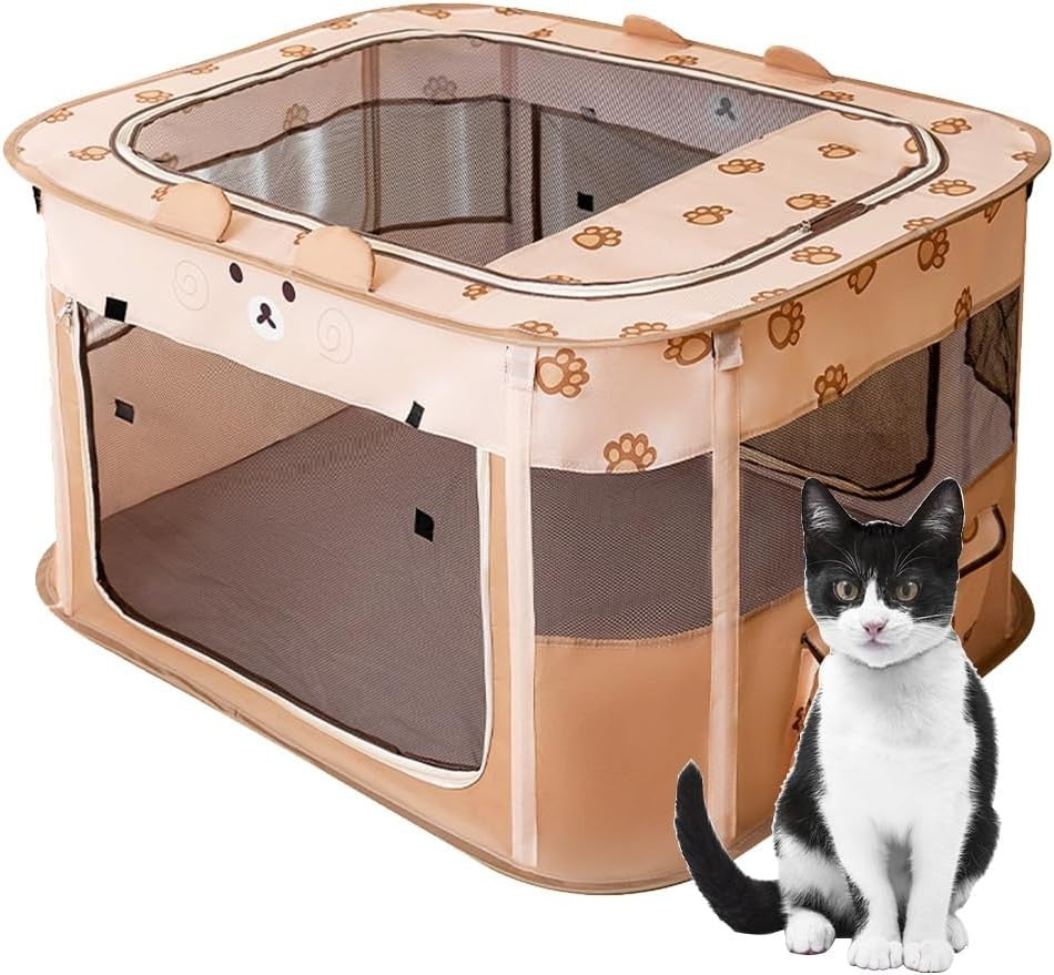 XL Foldable Pet Playpen Portable Dog Cat Kennel Tent Indoor Outdoor Mesh Brown