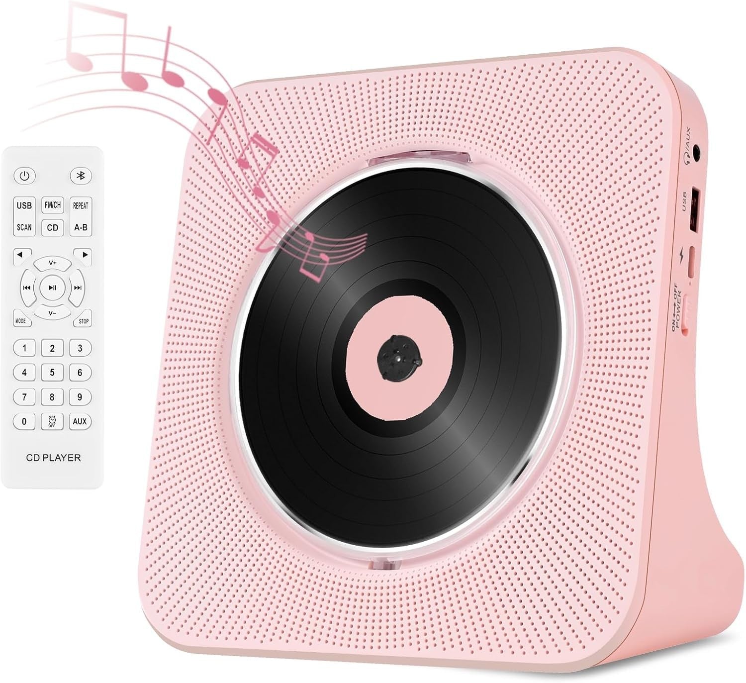 Pink Bluetooth CD Player FM Radio USB AUX Boombox Remote Sleep Timer