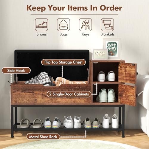 Rustic Brown Shoe Storage Bench with Flip Top & Cushion – Metal Frame 100cm