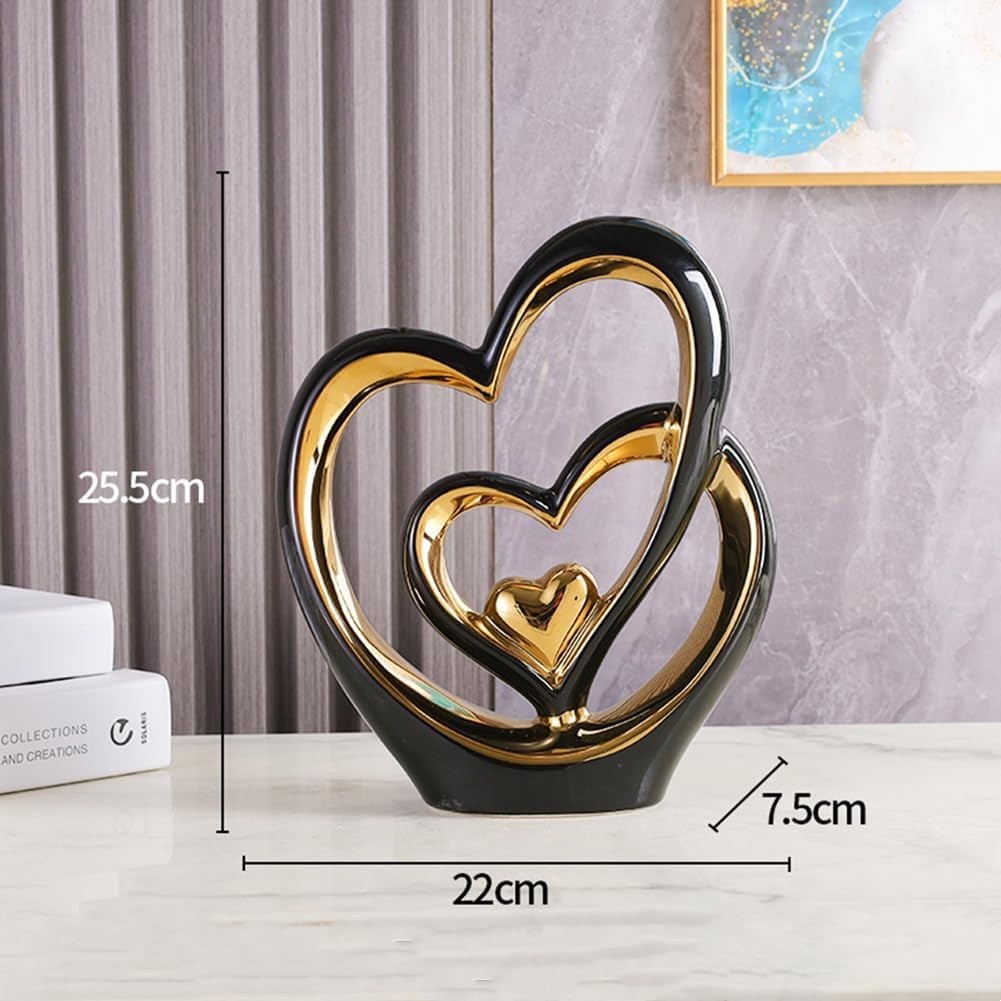 Modern Double Heart Ceramic Sculpture • Gold Accent Home Decor Gift Ornament