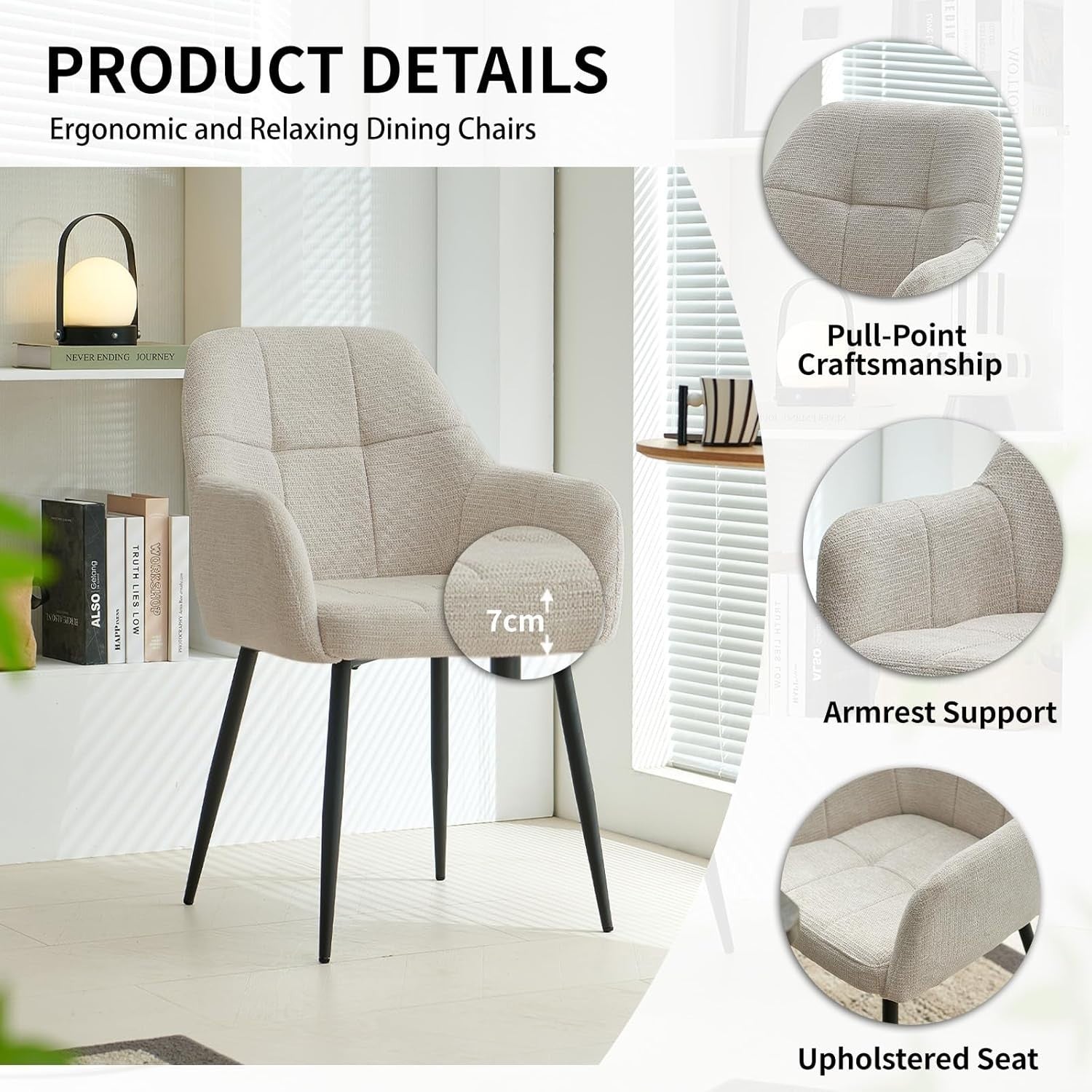Plush Beige Dining Chairs Set of 2 Ergonomic Padded Seat Metal Legs