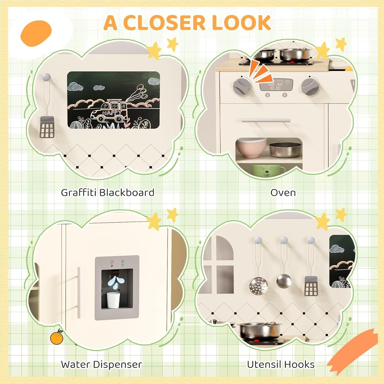Kids Wooden Play Kitchen w/ Lights Sounds Chalkboard Cream Toy