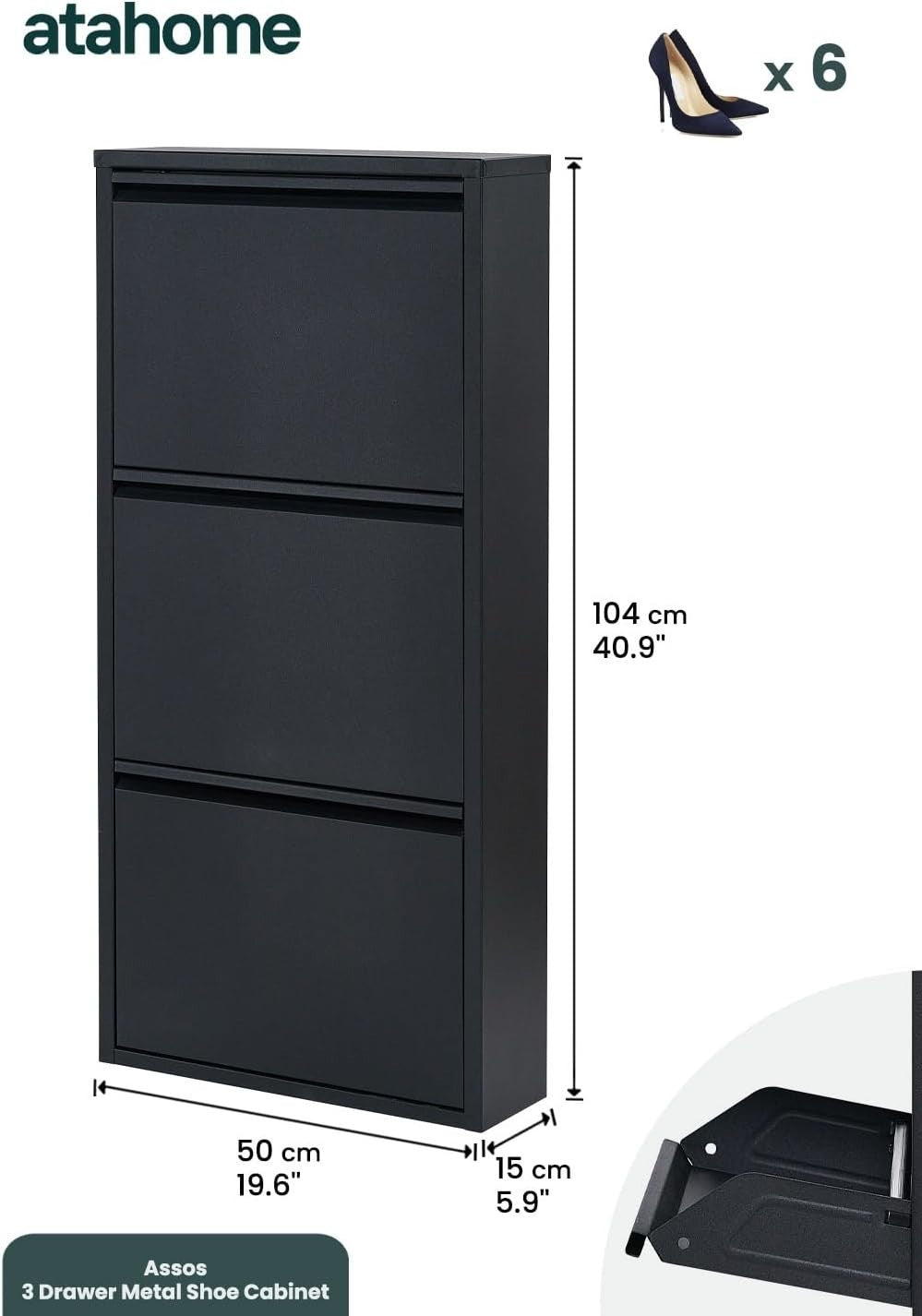 Slim Wall Mounted Shoe Cabinet 3 Drawer Metal Storage Organizer Black 104cm
