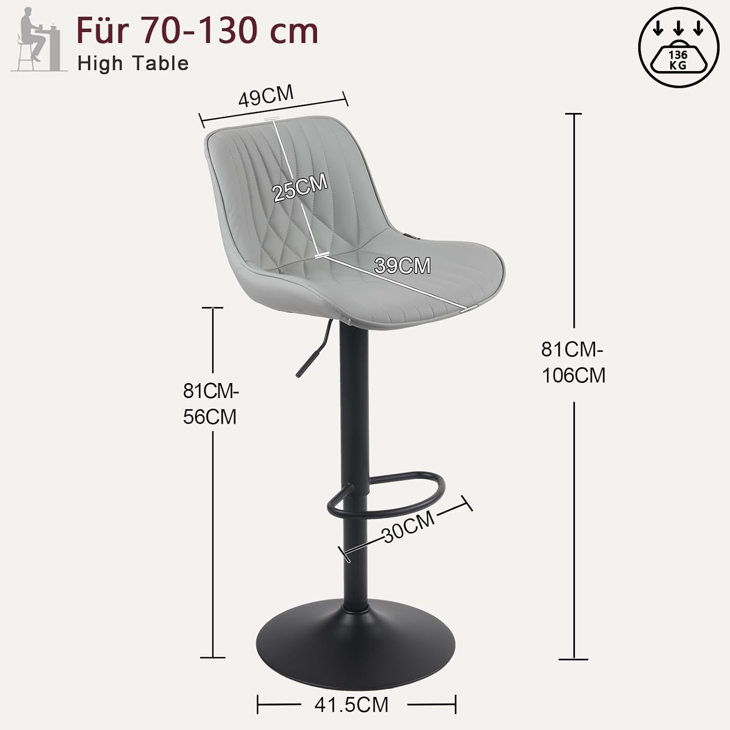Grey Bar Stool PU Leather Swivel Height Adjustable Kitchen Chair