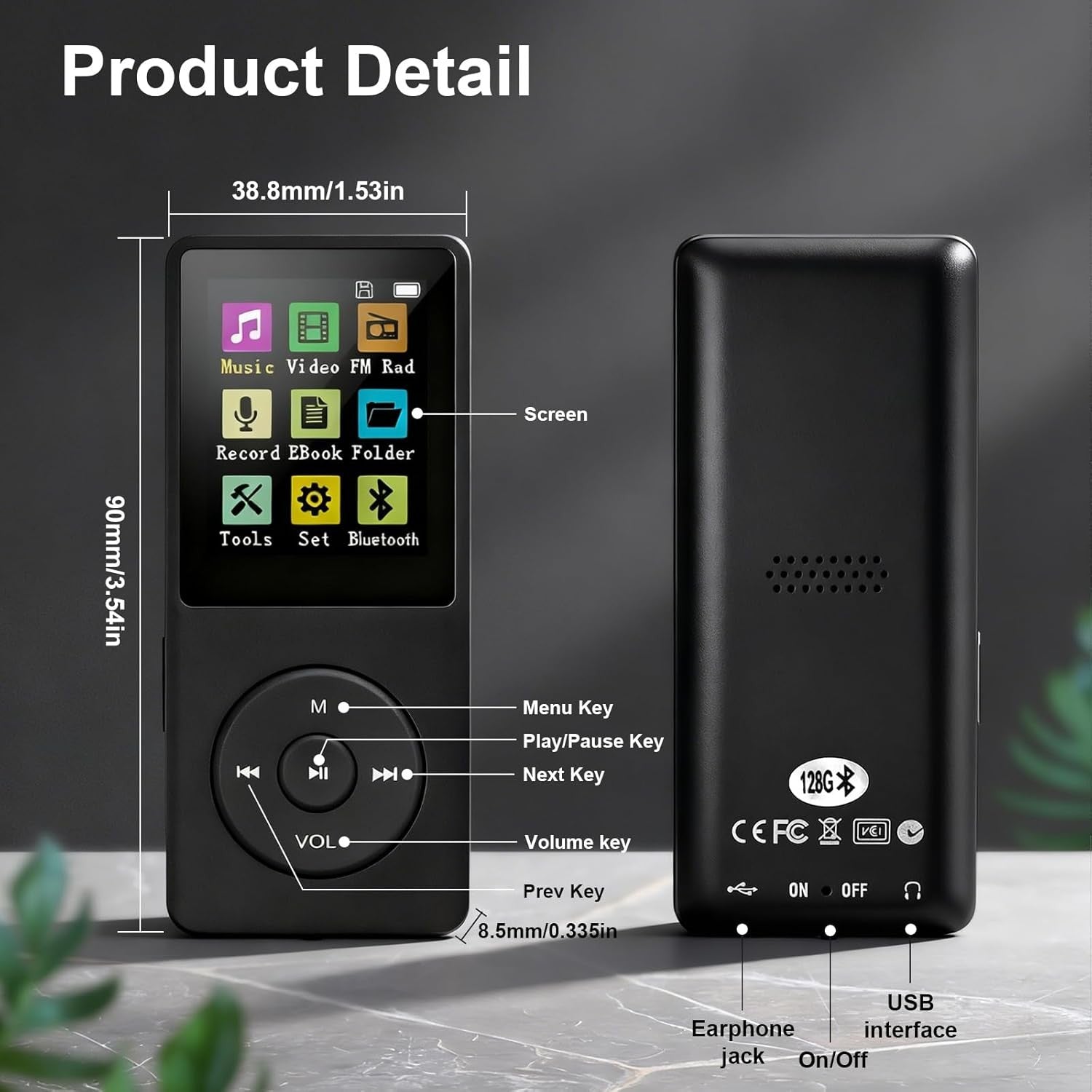128GB MP3 Player Bluetooth 5.0 FM Speaker E-Book