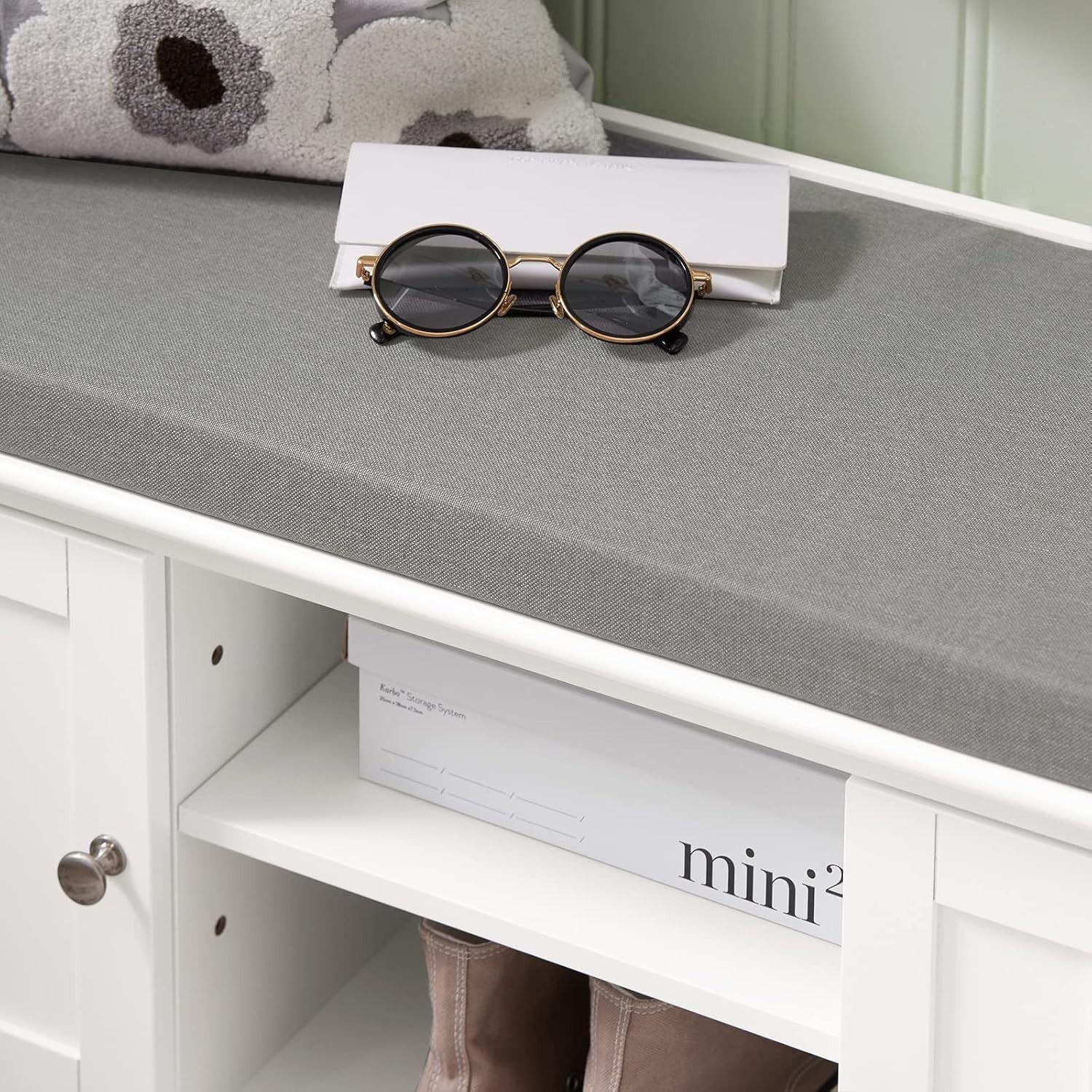 Modern White Storage Bench with Cushion & Shoe Cabinet – 105×35×43 cm