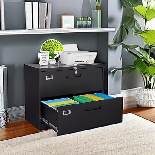 Black Steel Lateral Filing Cabinet 2 Drawer Wide Lockable File Storage