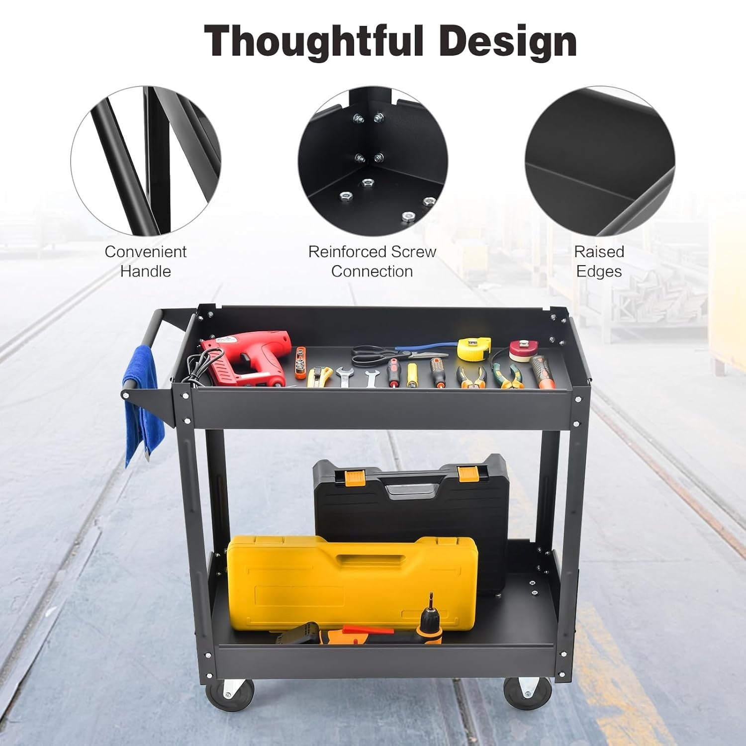 2 Tier Rolling Utility Trolley Heavy Duty Storage Cart with Wheels Black