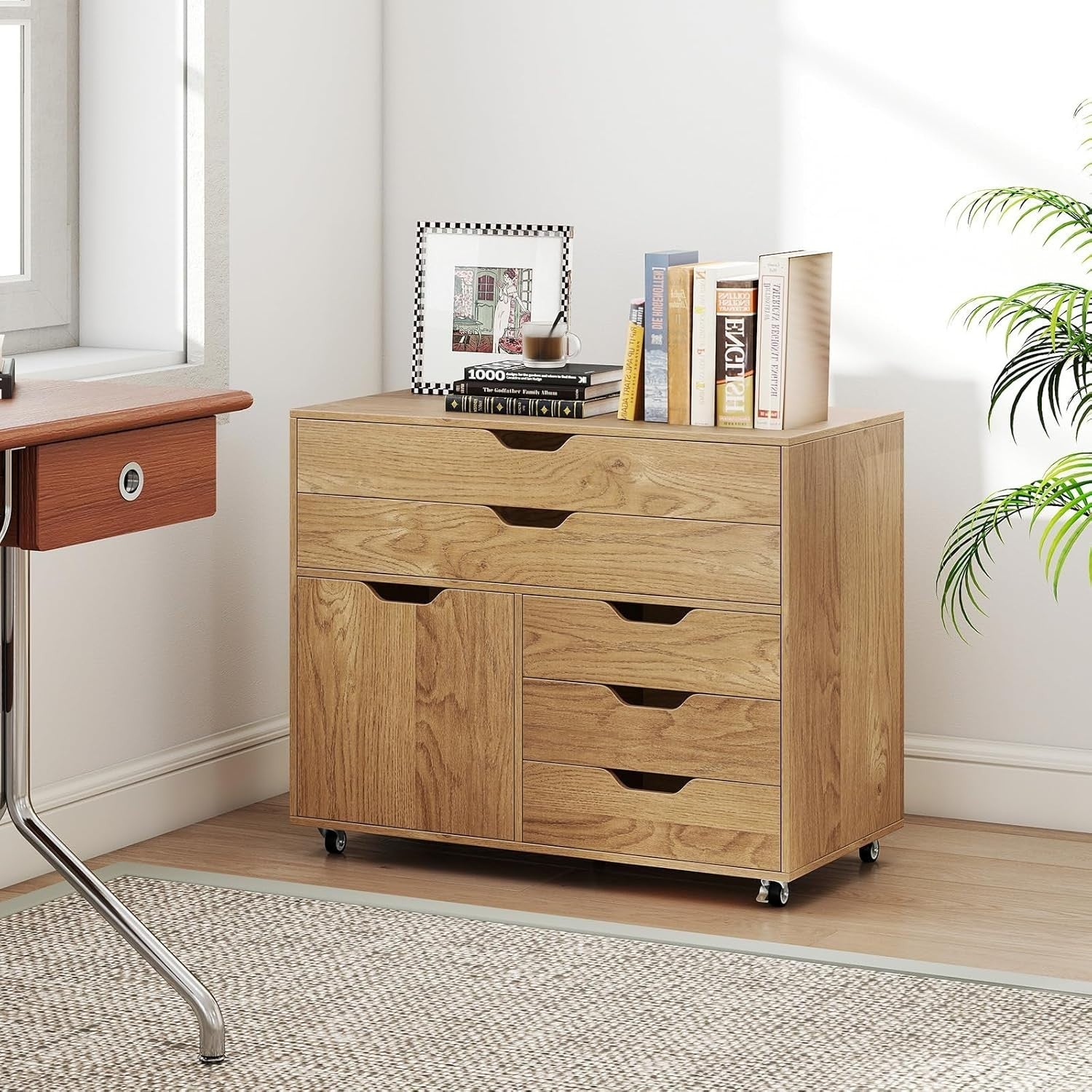 Natural Mobile File Cabinet 5 Drawer Side Cupboard Rolling Printer Stand