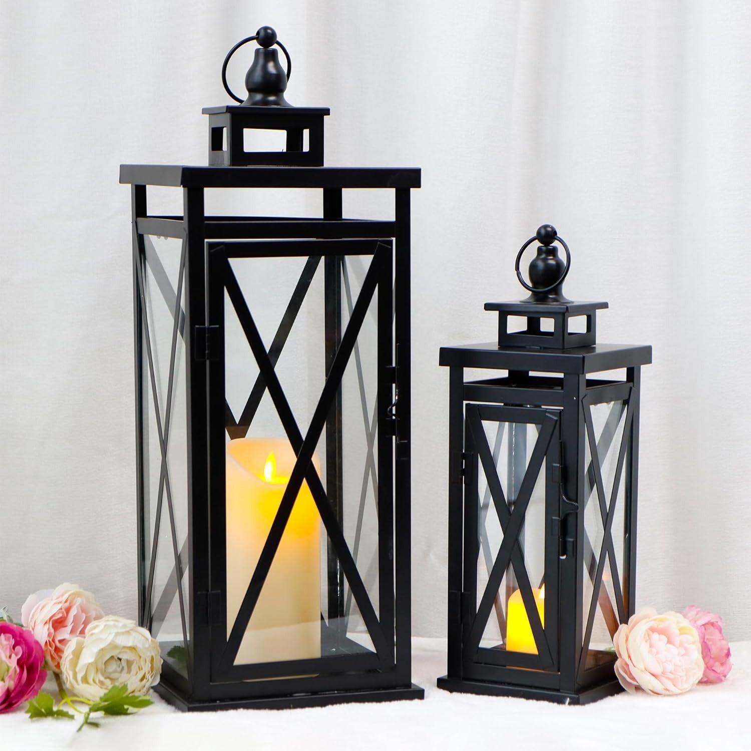 Set of 2 Black Metal Candle Lanterns Home Garden Decor