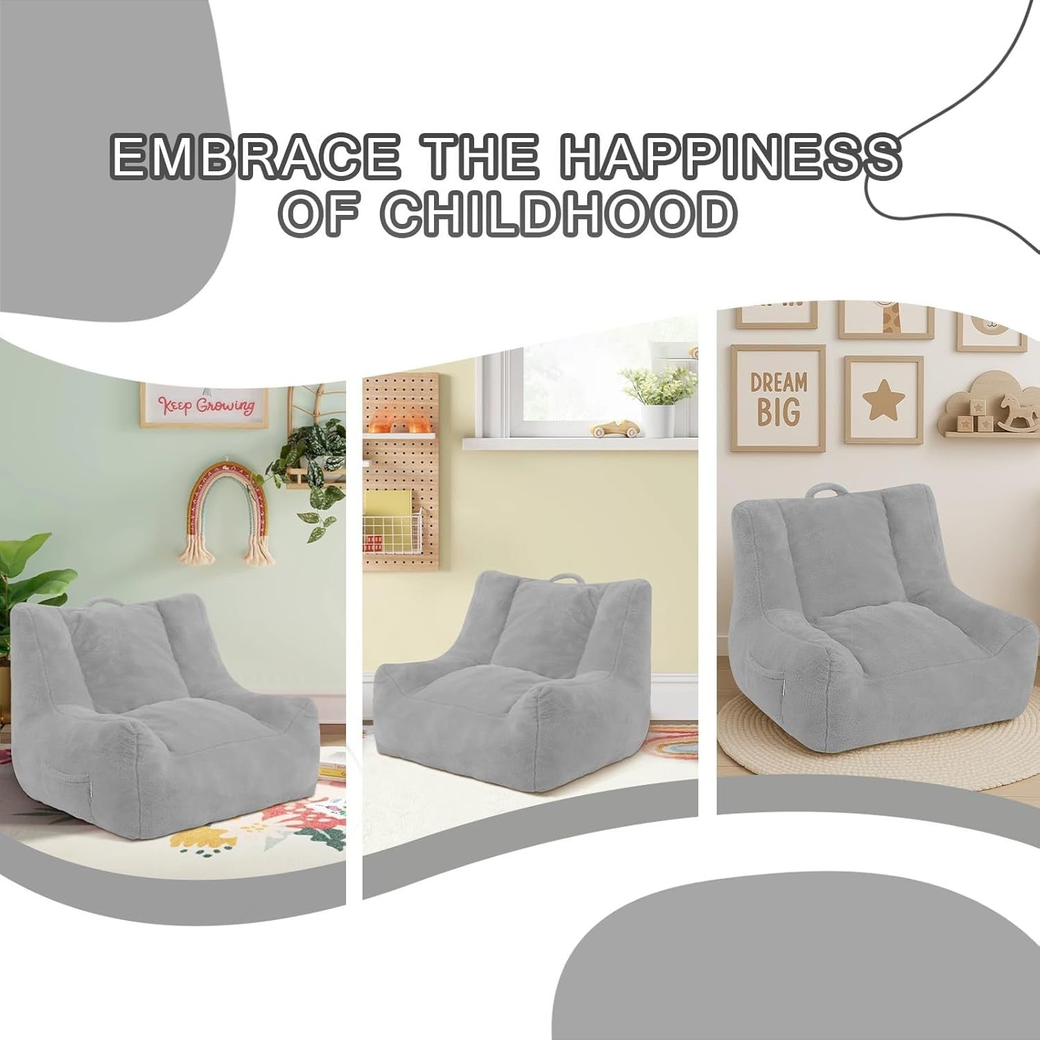 Kids Bean Bag Chair Sofa Grey | Comfy Toddler Seat Foam Filled Soft