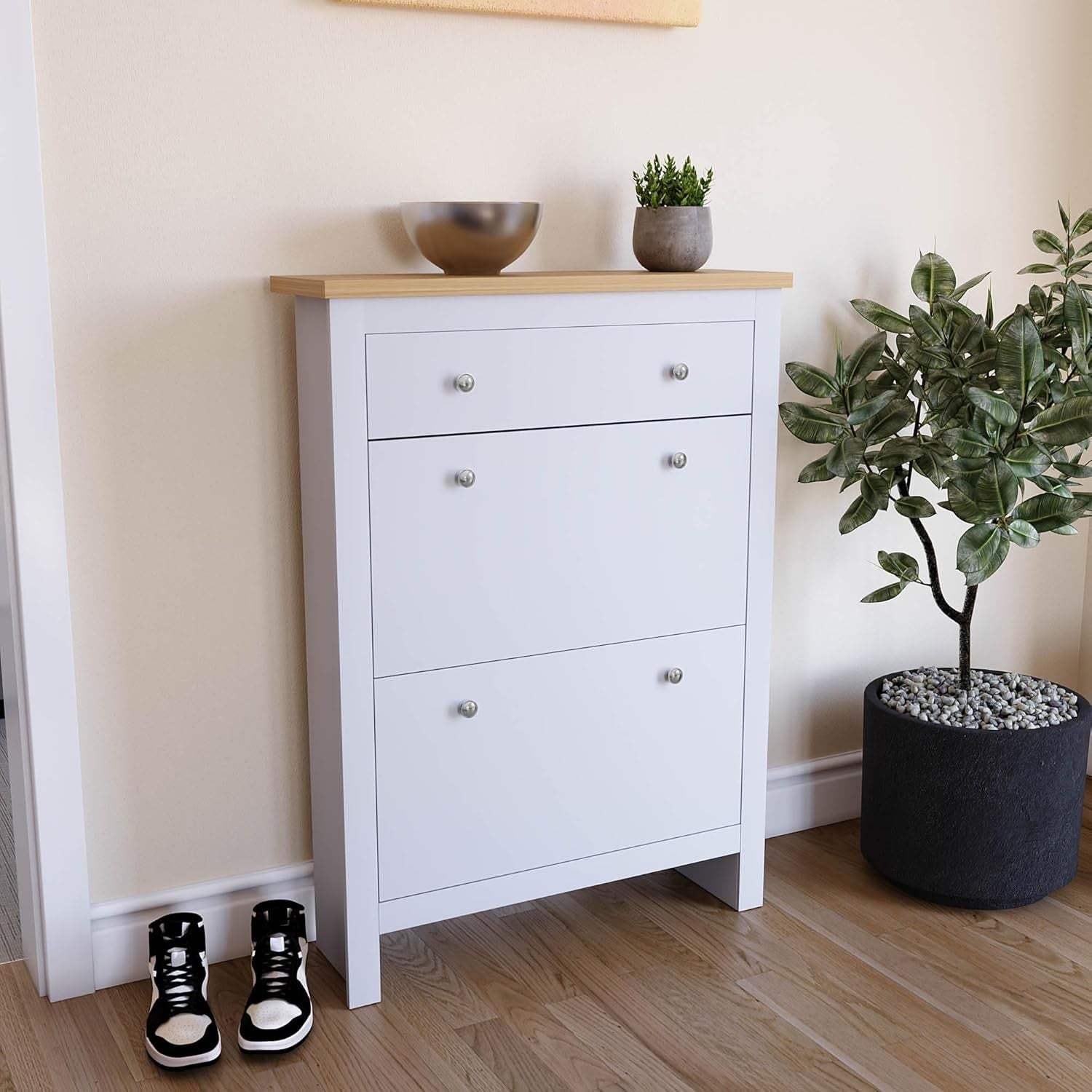 Modern 2-Door Shoe Cabinet with 2 Drawers – Slim White & Oak Storage