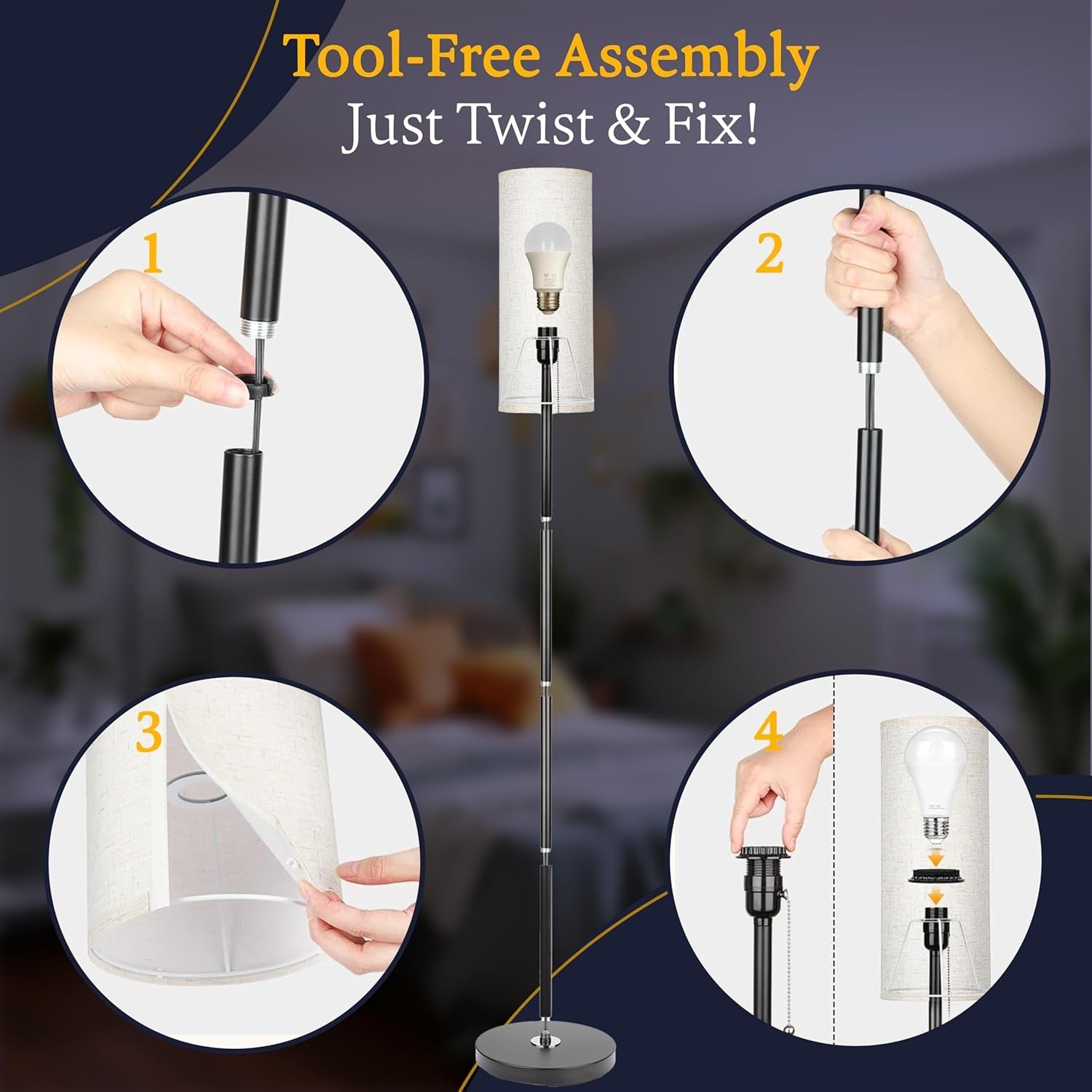 Vertical LED Floor Lamp Dimmable Modern Linen Standing Light with Foot Switch