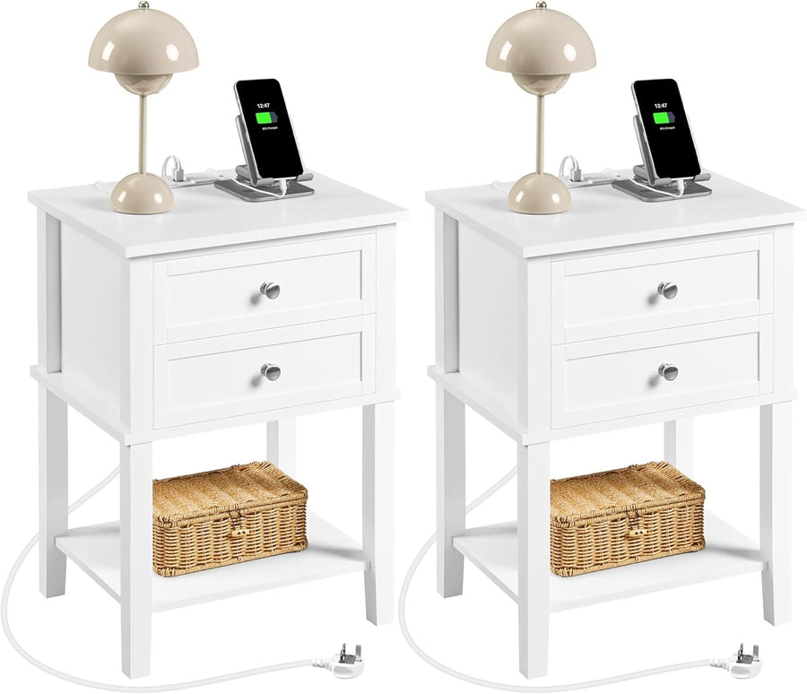 White Bedside Tables Set of 2 with Charging Station, 2 Drawers & Shelf