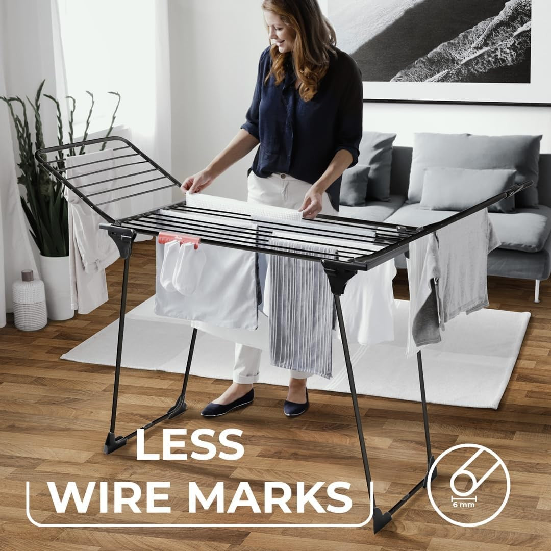 XXL Indoor Clothes Airer 20m Drying Rack with Wings Wheels Black