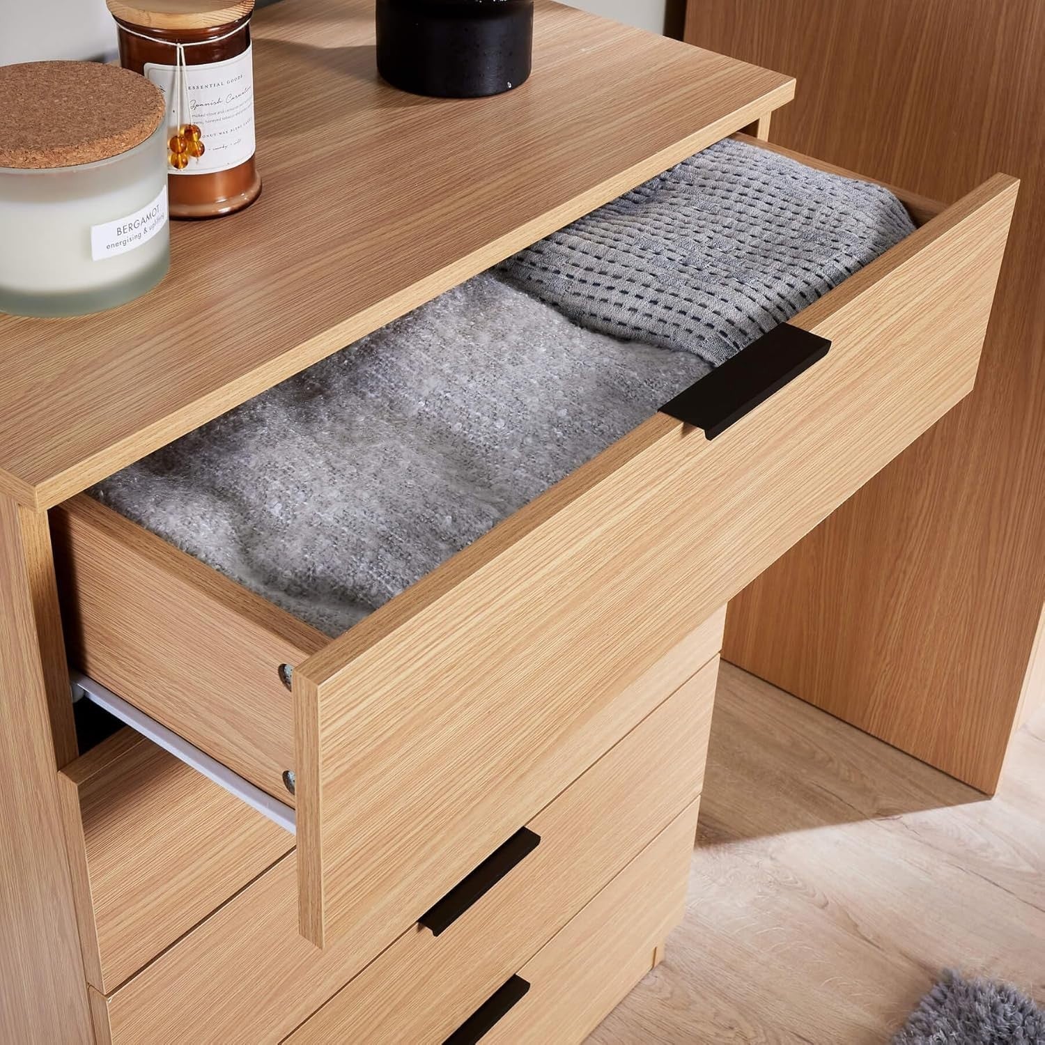 Oak 5 Drawer Chest of Drawers Storage Unit Modern Bedroom Tall Cabinet