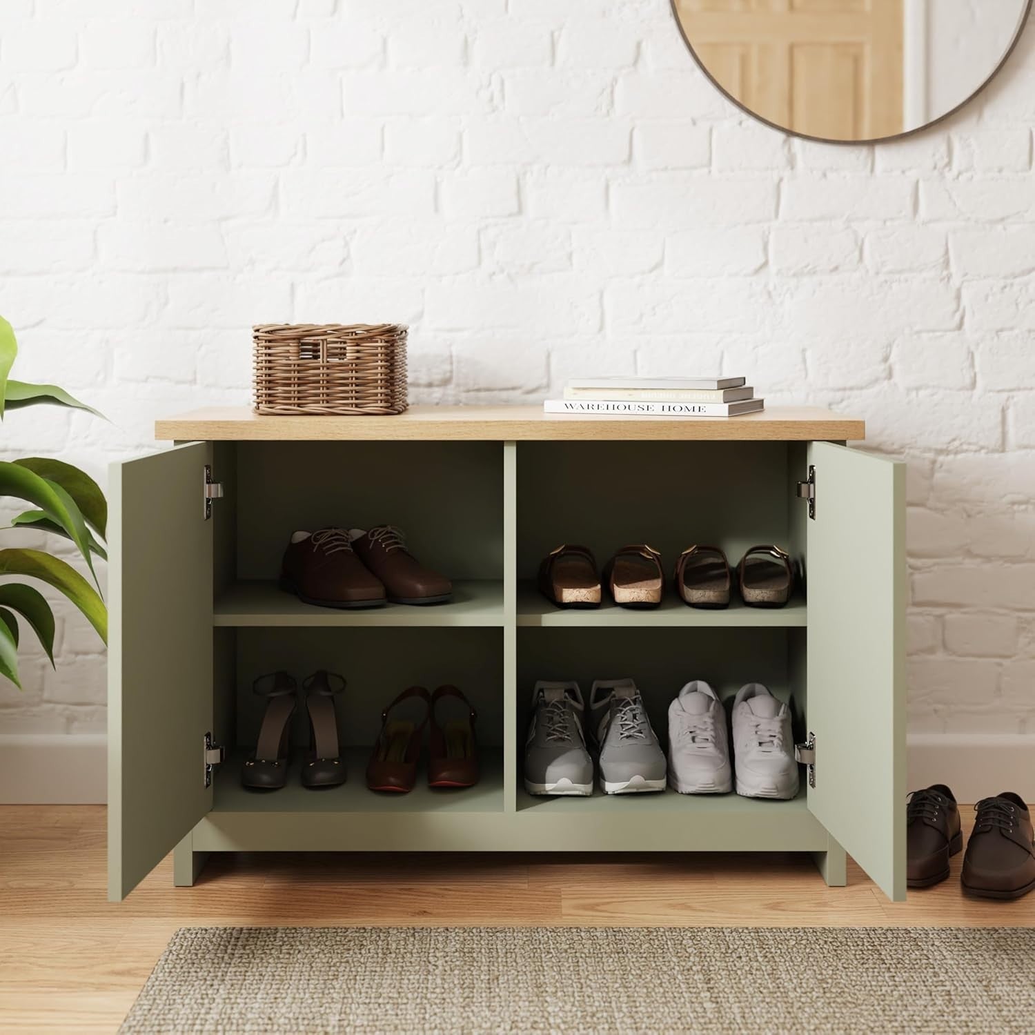 Sage Green Oak Shoe Storage Cabinet 89x35x60cm Country Cottage Style