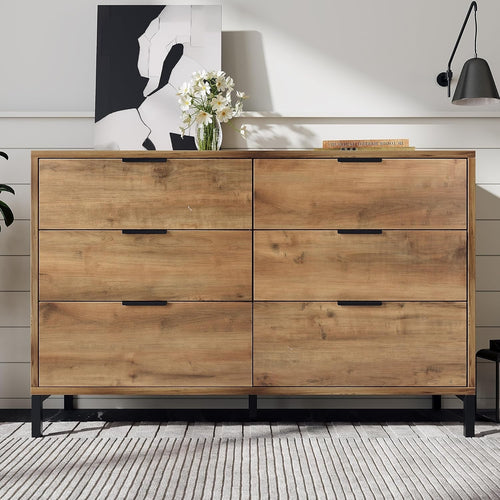 Rustic Oak 6 Drawer Sideboard Cabinet for Living Room & Hallway Storage