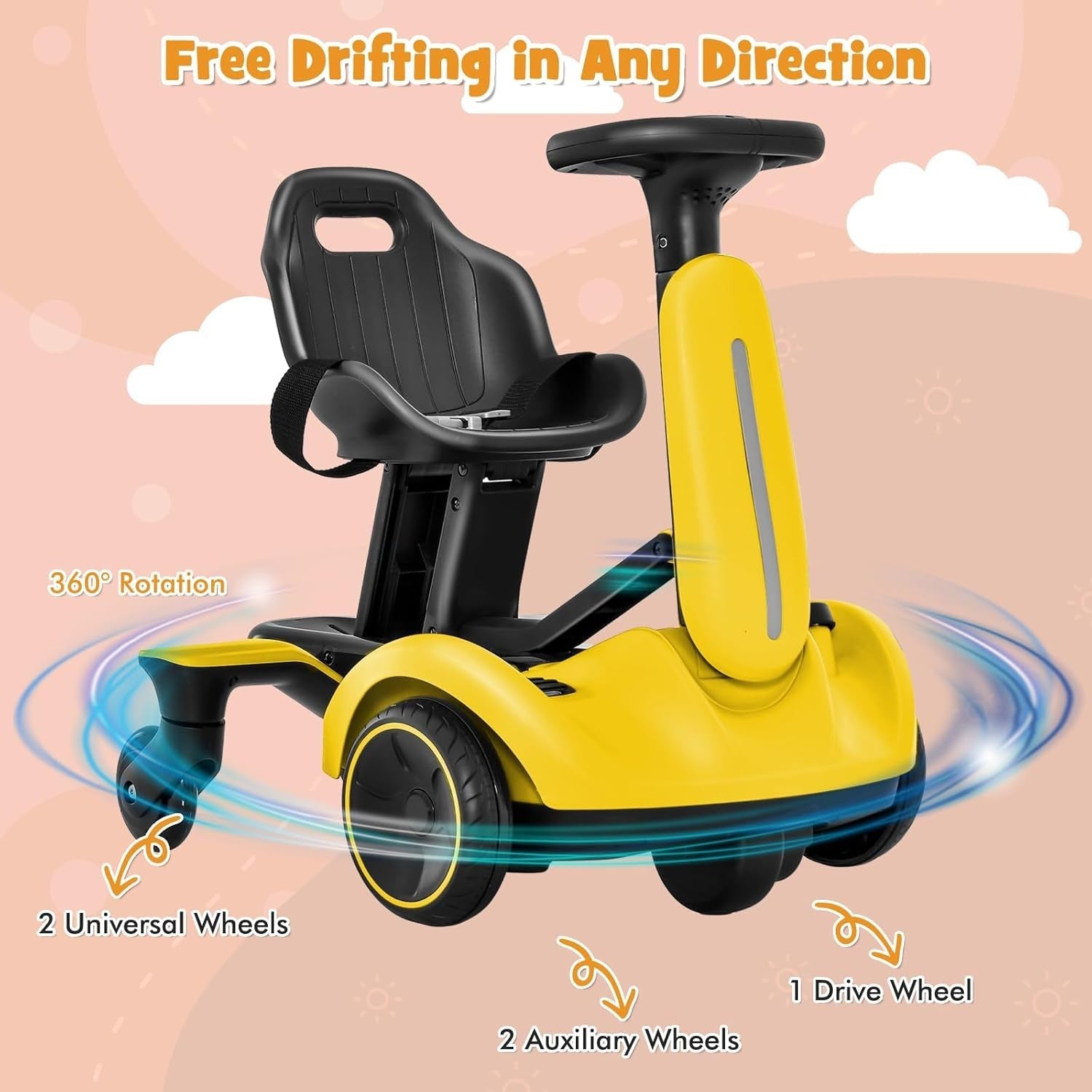 Kids Electric Drift Go Kart 6V Ride On Car 360 Spin Adjustable Seat Yellow