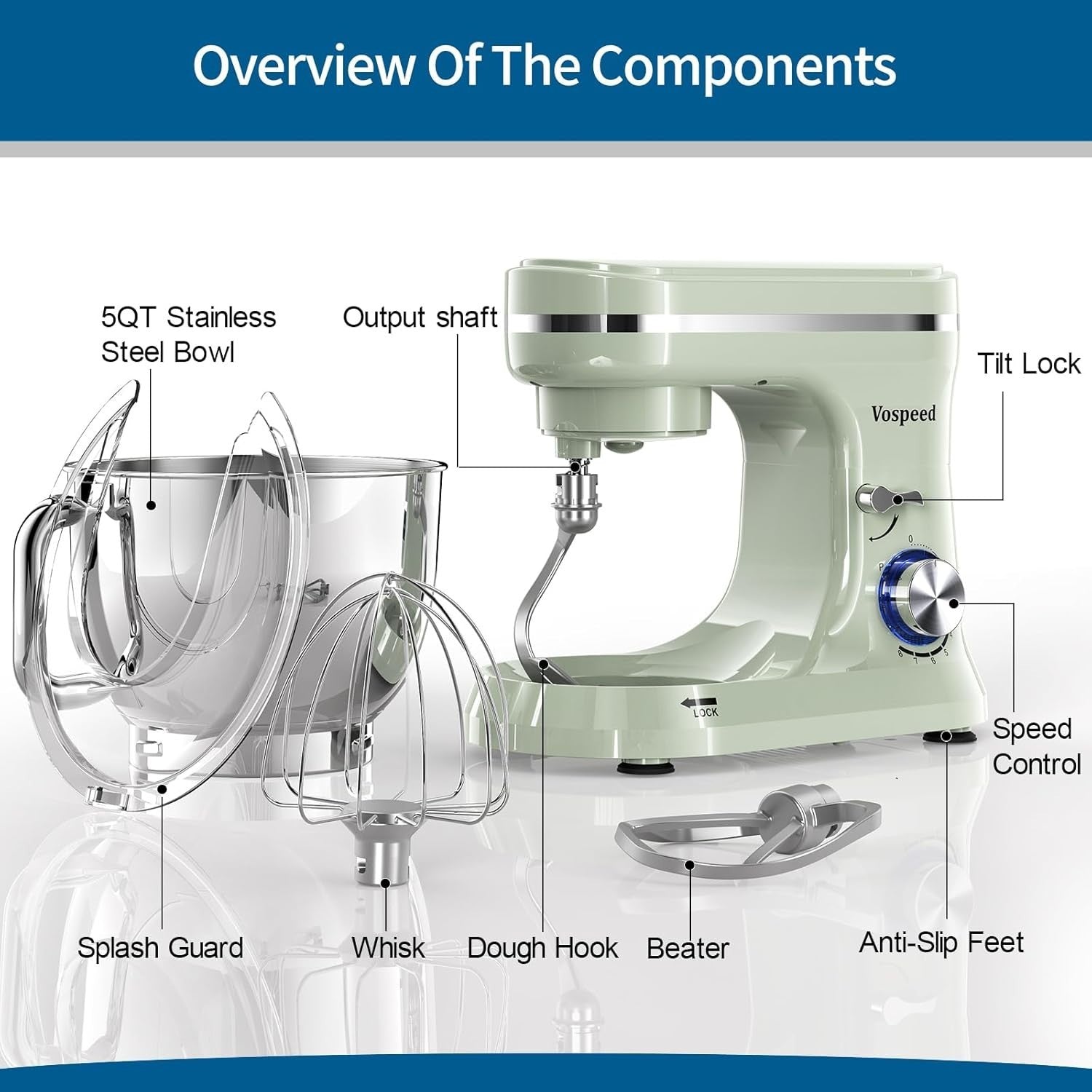 5QT 1000W Stand Mixer 8-Speed Tilt-Head Food Mixer Green Stainless Steel