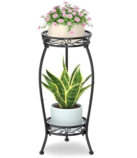 2 Tier Black Metal Plant Stand Indoor Outdoor Tall Flower Pot Holder Rack