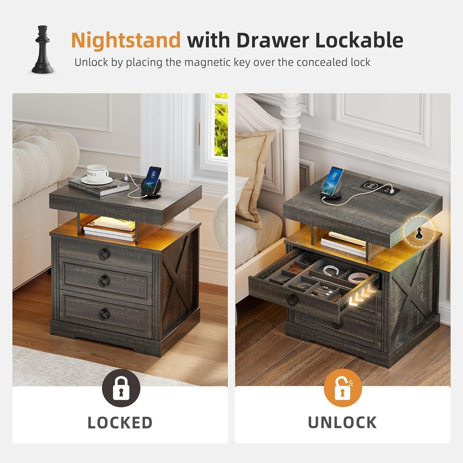 Set of 2 Rustic LED Bedside Tables with USB & Type-C Ports | Hidden Drawer