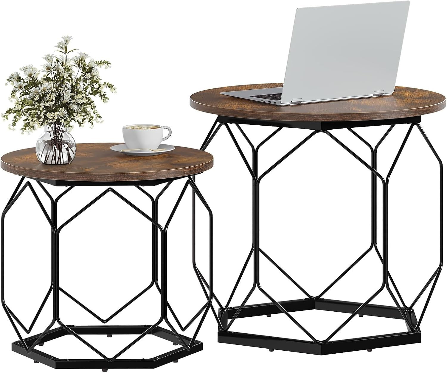 Set of 2 Round Coffee Tables with Removable Tops, Storage & Metal Frame