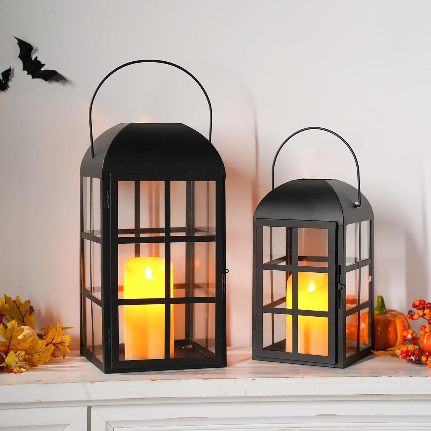 Set of 2 Black Metal Candle Lanterns 35cm 26cm Indoor Outdoor Decor A++