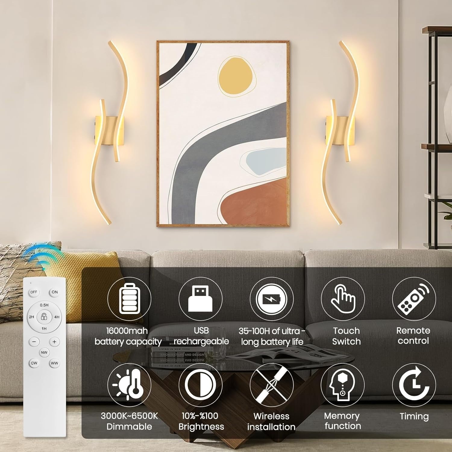 LED Rechargeable Wall Sconces 2-Pack, 3000K-6000K, Remote Control, 80cm