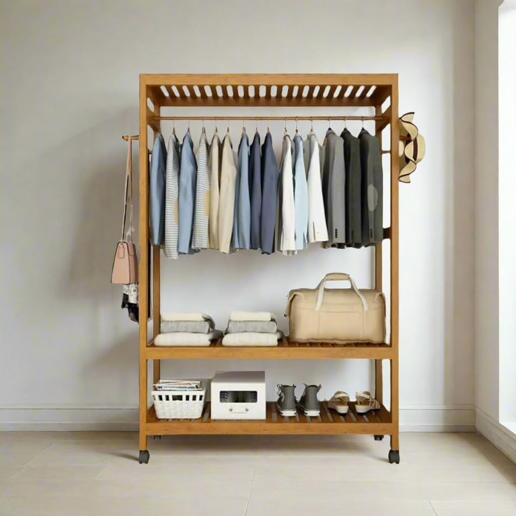 Heavy Duty Wooden Clothes Stand with Wheels, Open Wardrobe Rail