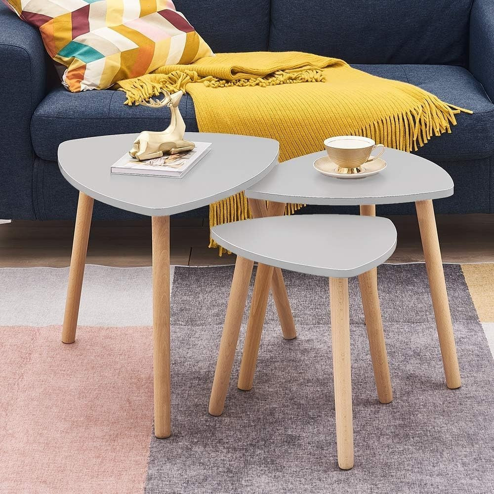 Nest of 3 Modern Coffee End Tables Gray Triangular Wood Space Saving Set