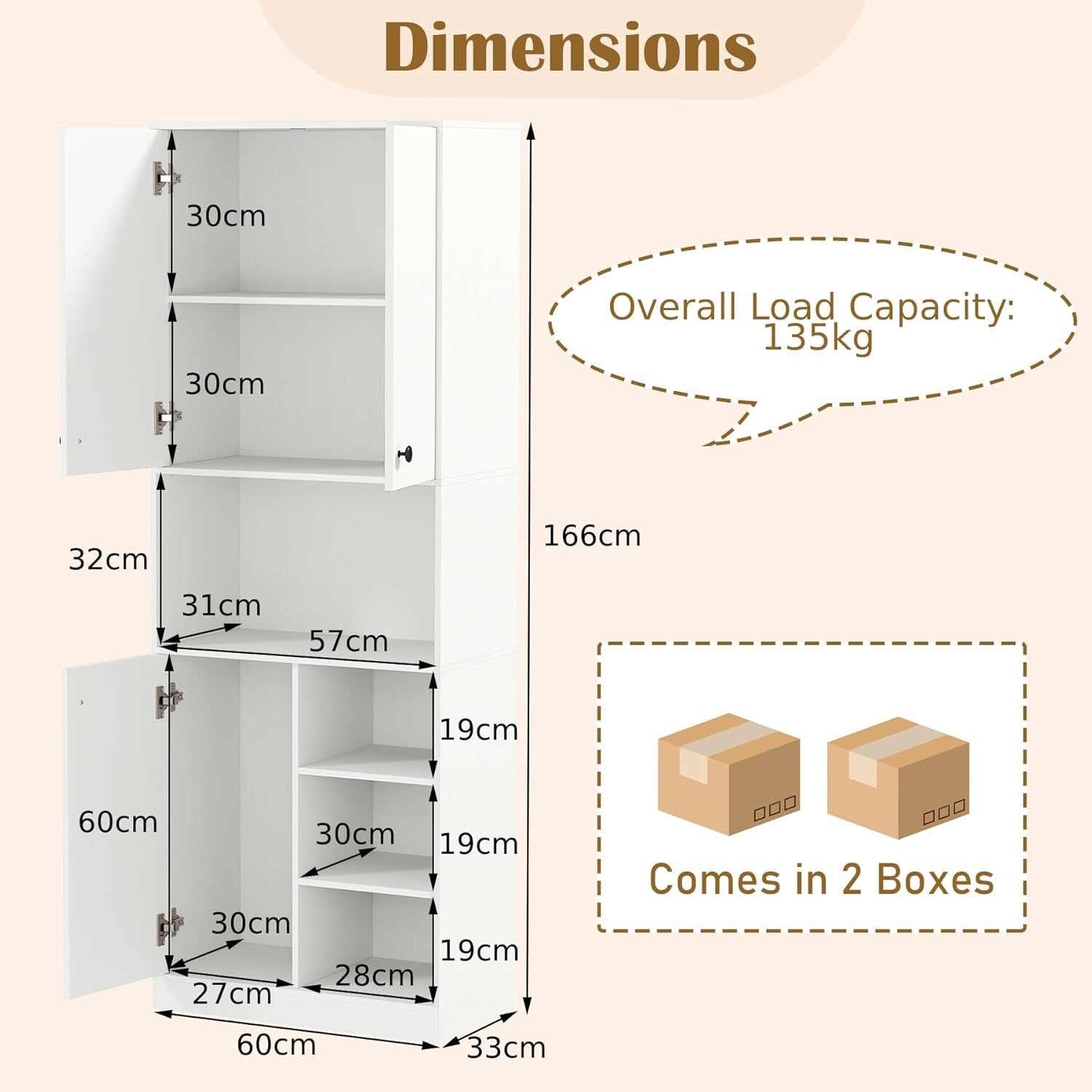 166cm Tall Kitchen Cupboard White 3 Doors Open Shelves Anti-Tip