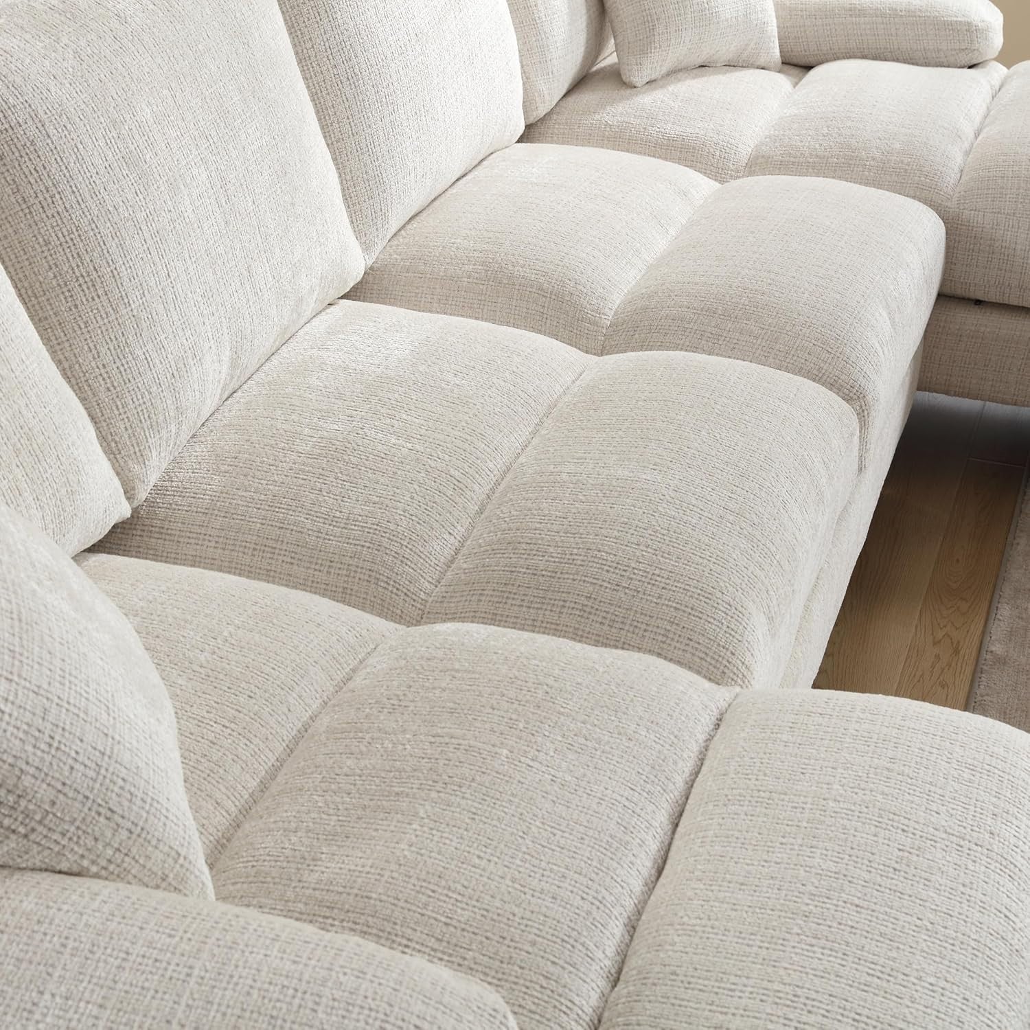 4 Seater U-Shaped Sofa Beige Chenille Sectional with Double Chaise & 4 Pillows