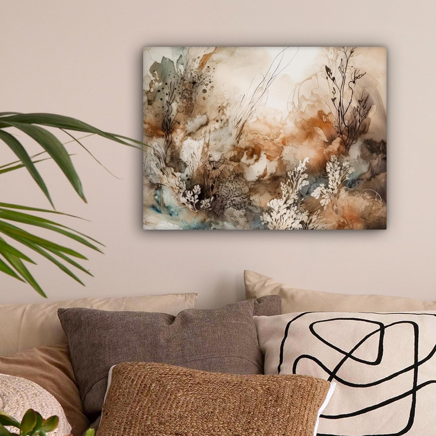 Abstract Floral Canvas Wall Art 40x30cm Framed Beige Print