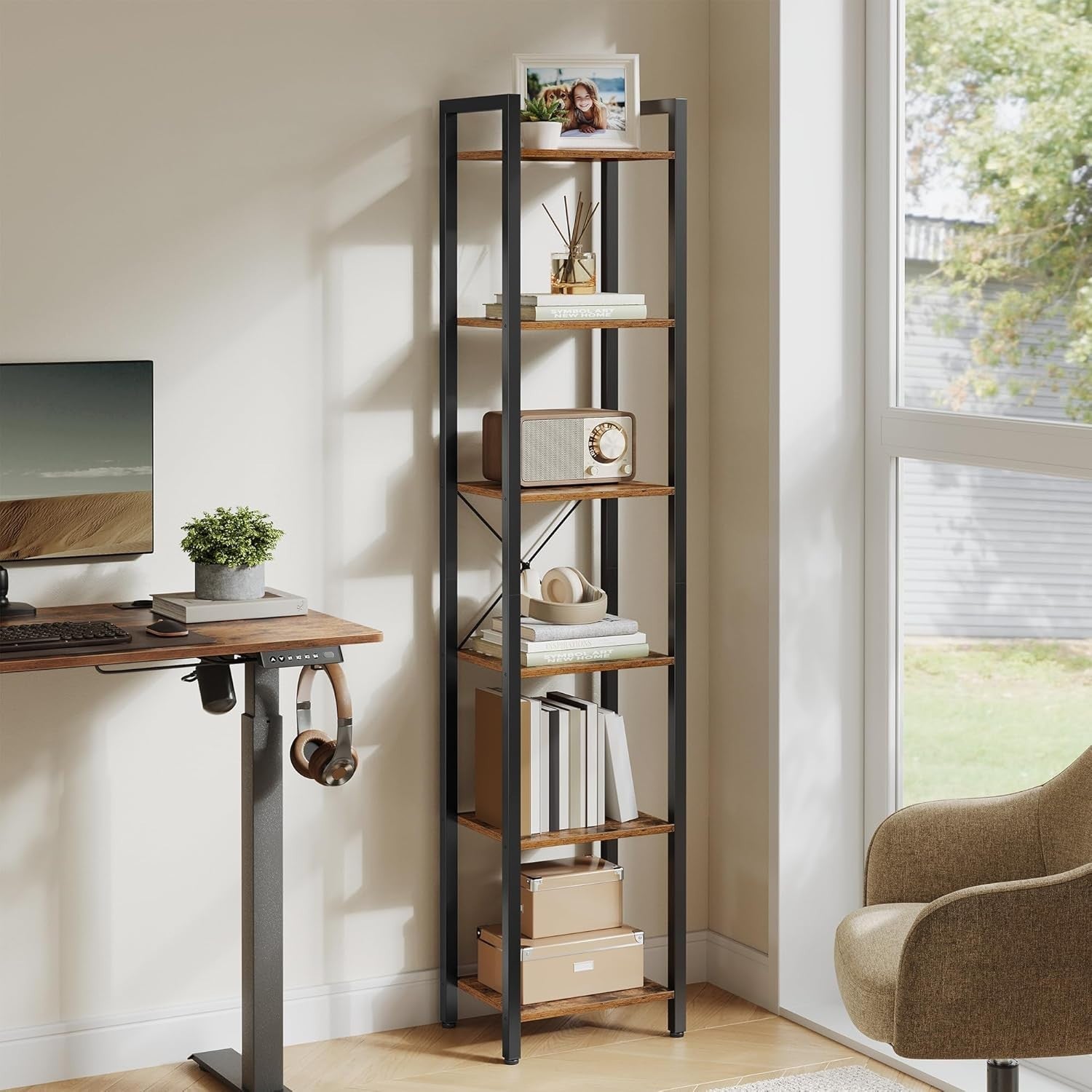 6-Tier Rustic Industrial Bookcase – Tall Narrow Storage Shelf 187.5cm