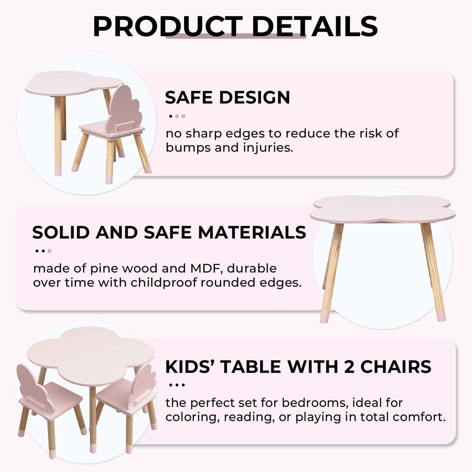 Kids Table & 2 Chairs Set Pink & Brown, Safe Rounded Edges, MDF Pine