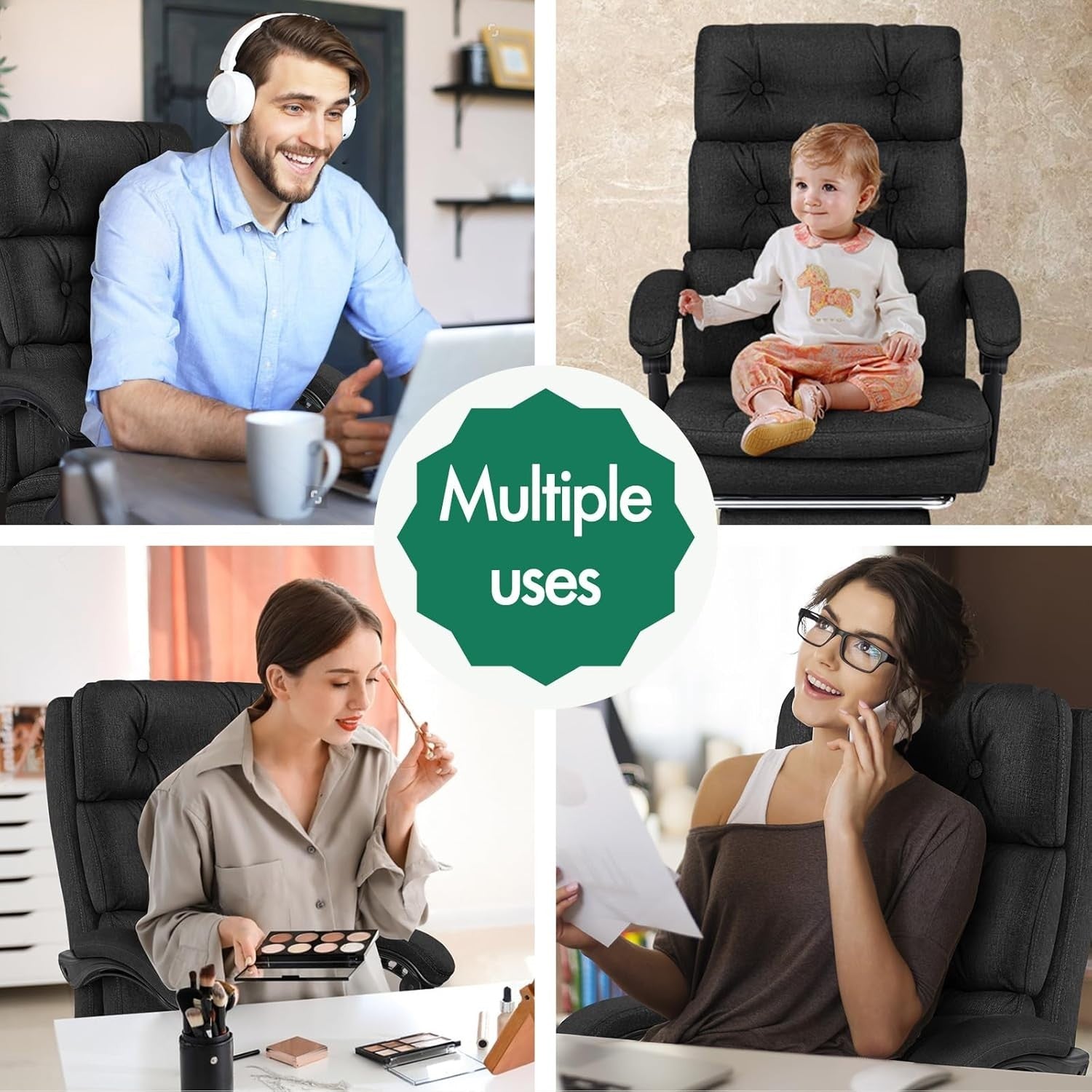 Ergonomic Office Chair Swivel Desk Chair Linen Adjustable Height Solid Back NEW