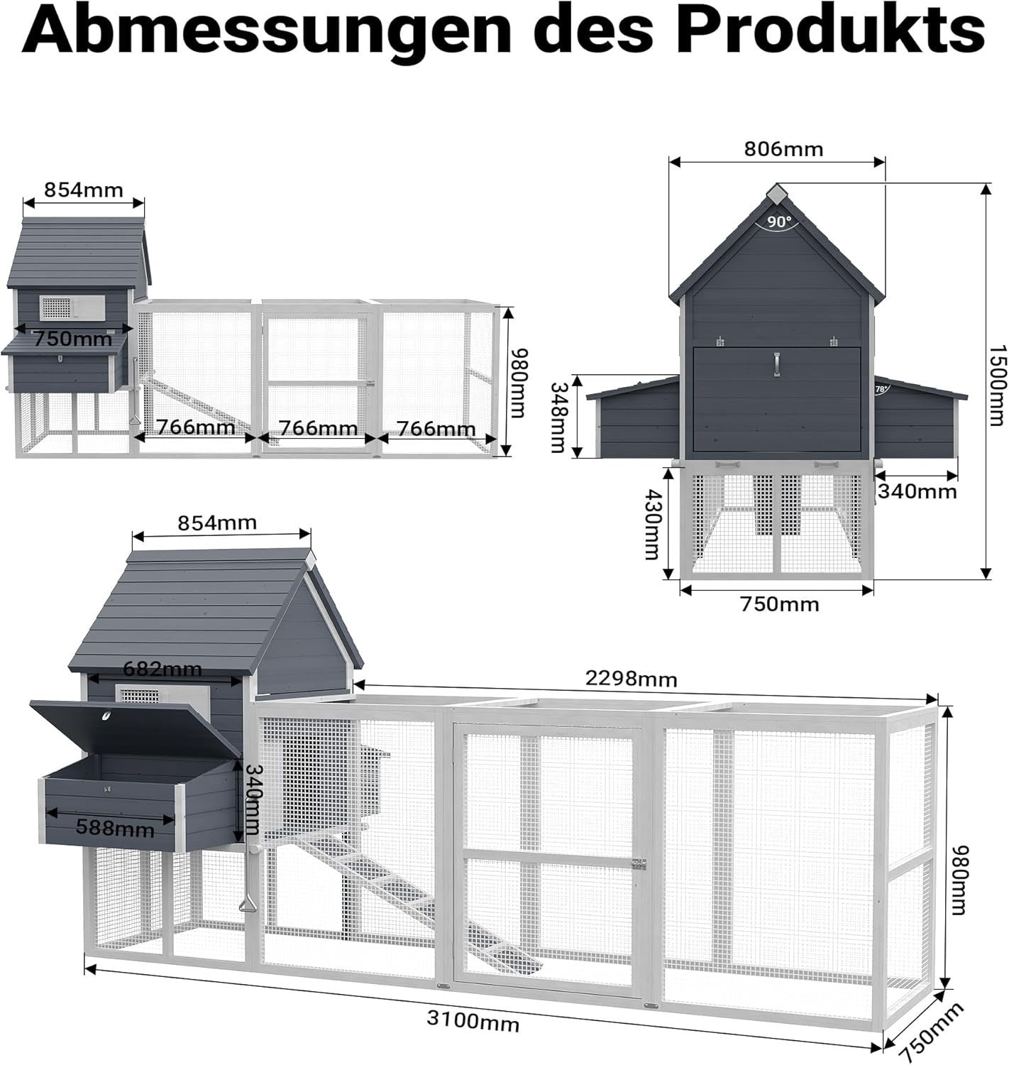 Large Grey Chicken Coop 310x150x150cm Run Nest Box
