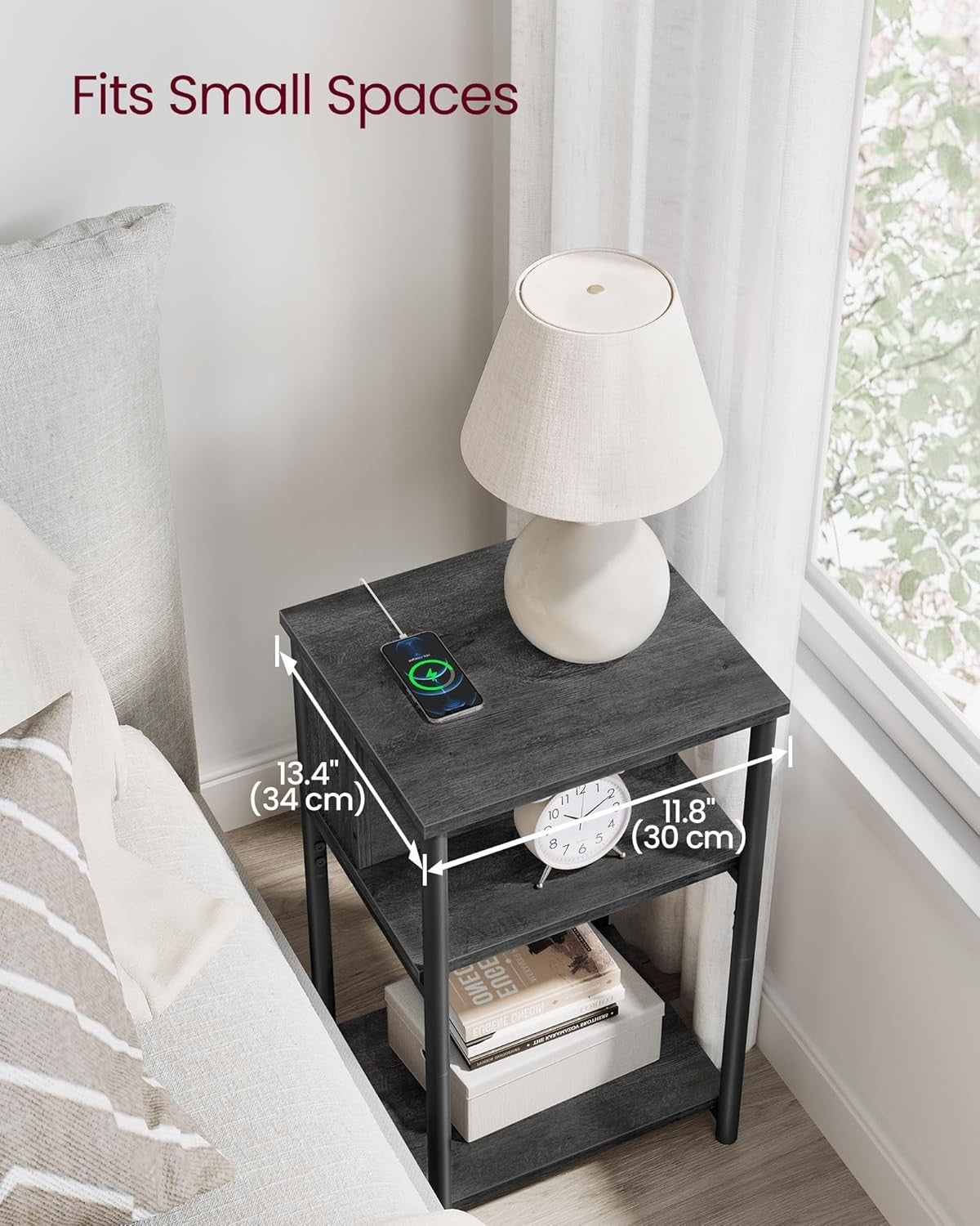 Slim Bedside Table with USB & Plug Sockets, 3-Tier 30x34x58cm Storage