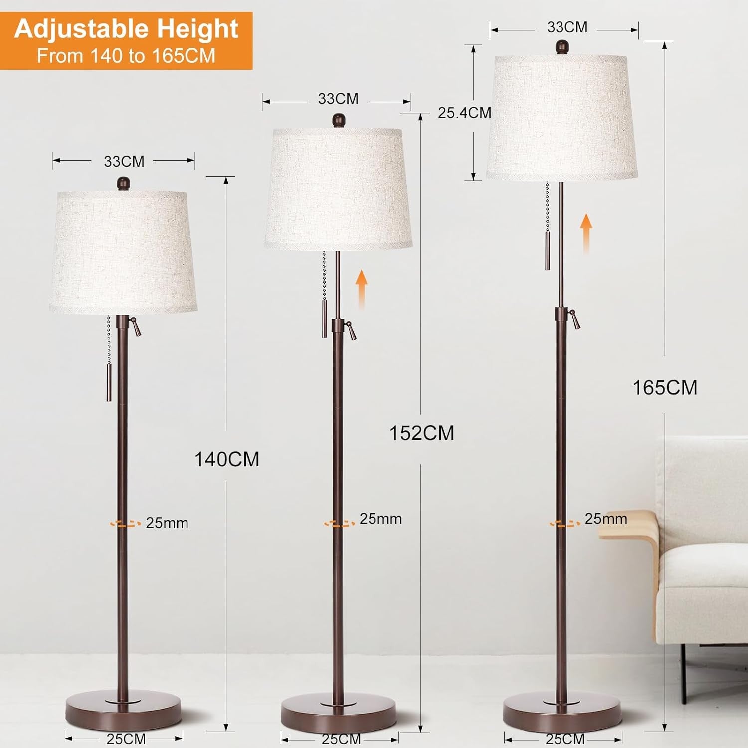 Adjustable Floor Lamp Brown Height Adjustable 3 Colour LED Standing Light